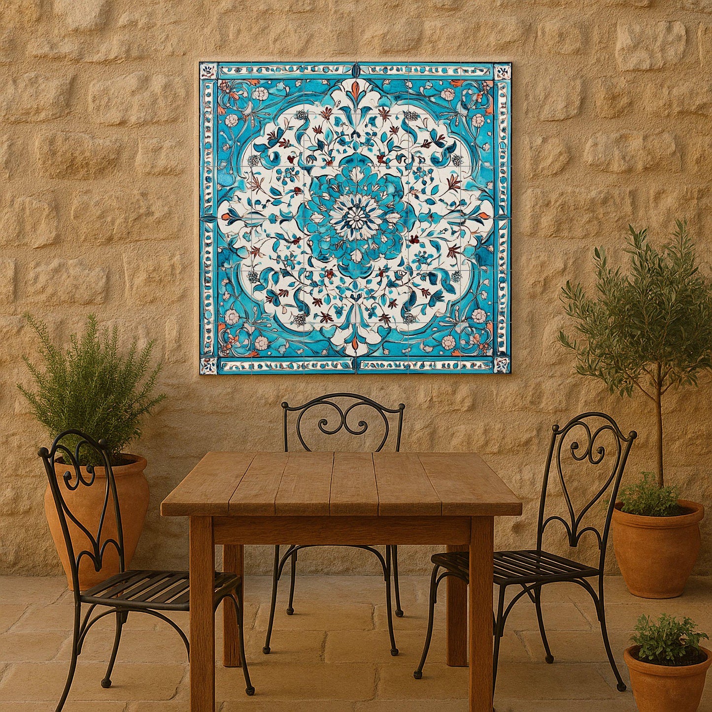 Turquoise and white ceramic mural: arabesque floral artwork with intricate Lebanese-inspired patterns and an elegant border design.
