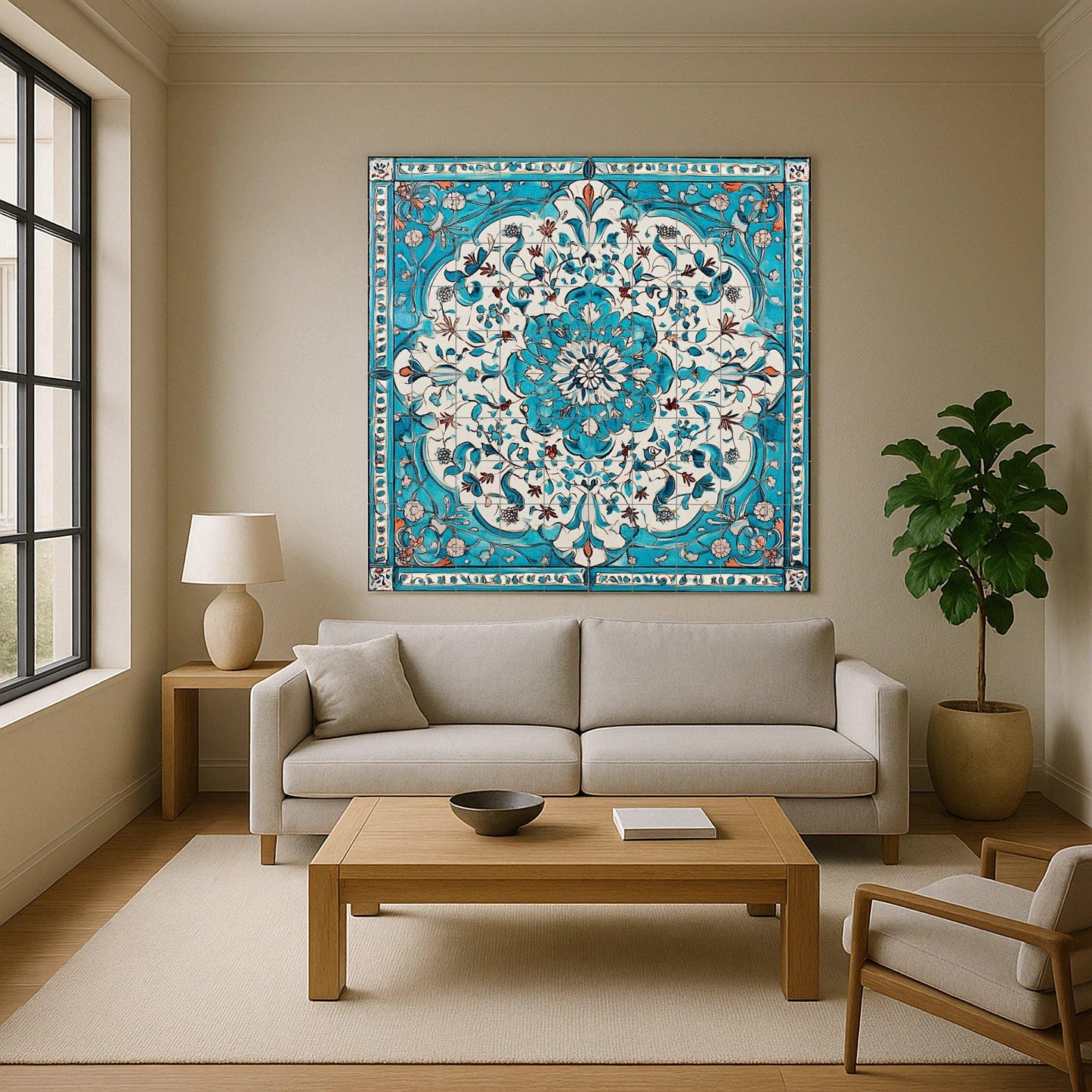 Turquoise and white ceramic mural: arabesque floral artwork with intricate Lebanese-inspired patterns and an elegant border design.