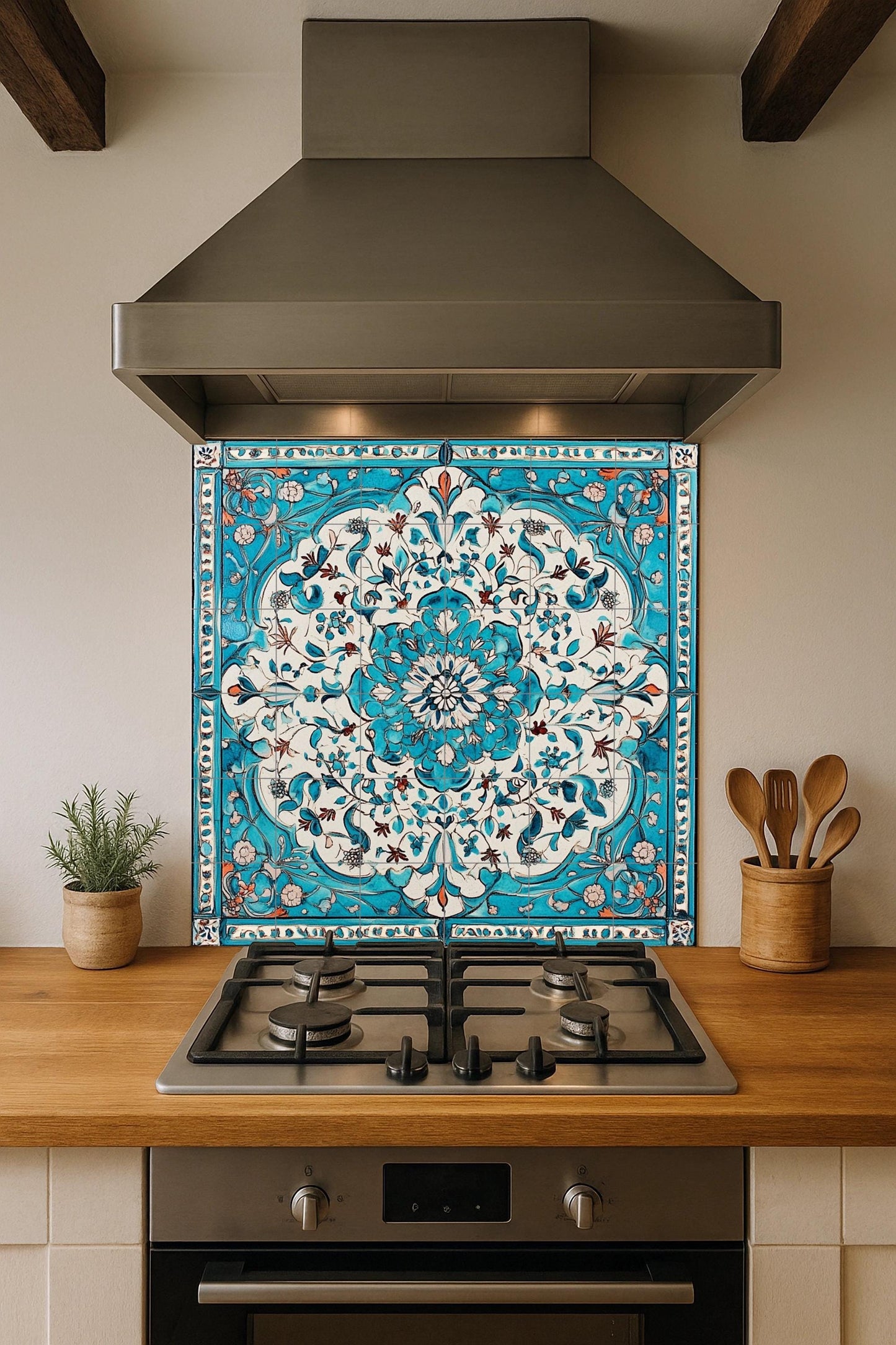 Turquoise and white ceramic mural: arabesque floral artwork with intricate Lebanese-inspired patterns and an elegant border design.