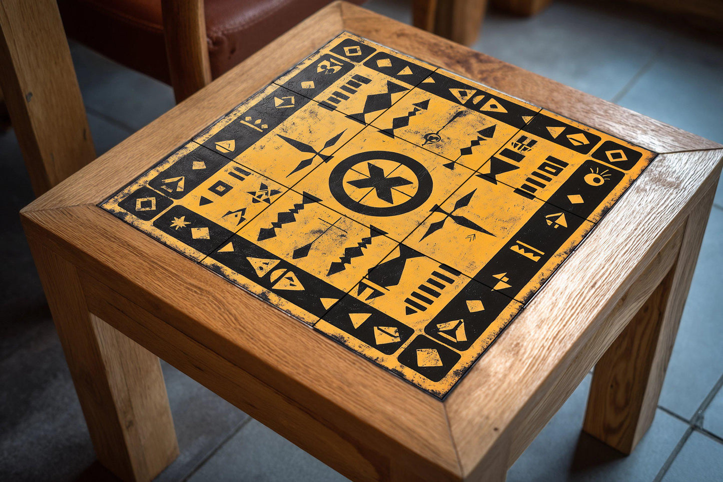 Geometric ceramic mural in black and ochre: symbolic tribal art on tiles with striking Amazigh patterns and decorative motifs.