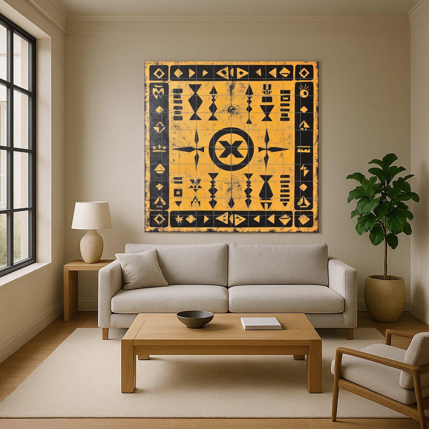 Geometric ceramic mural in black and ochre: symbolic tribal art on tiles with striking Amazigh patterns and decorative motifs.