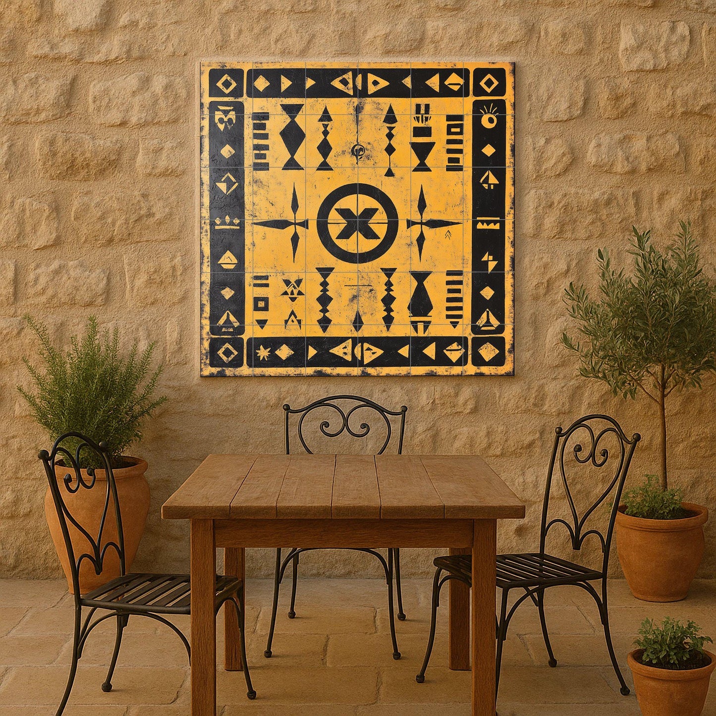 Geometric ceramic mural in black and ochre: symbolic tribal art on tiles with striking Amazigh patterns and decorative motifs.