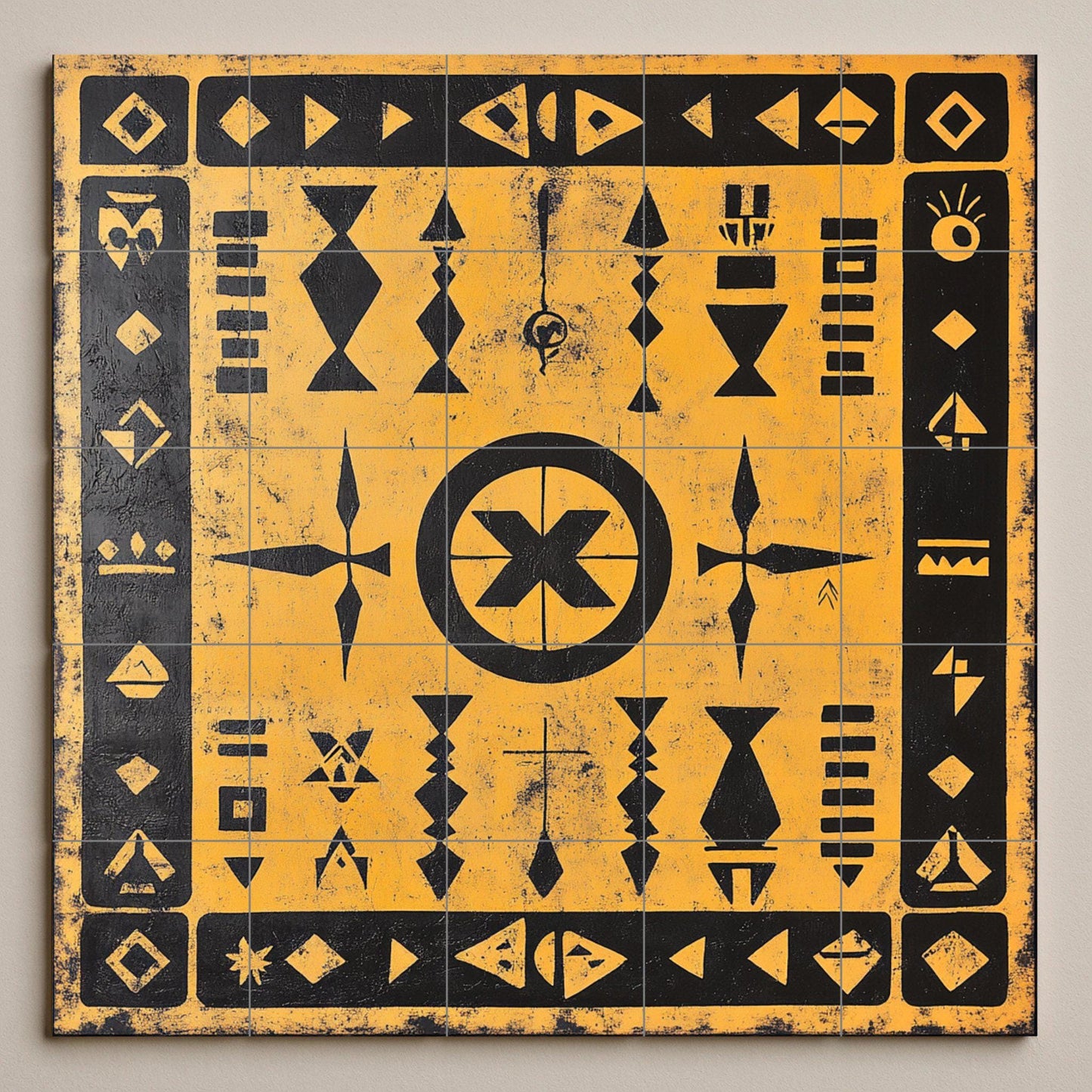 Geometric ceramic mural in black and ochre: symbolic tribal art on tiles with striking Amazigh patterns and decorative motifs.
