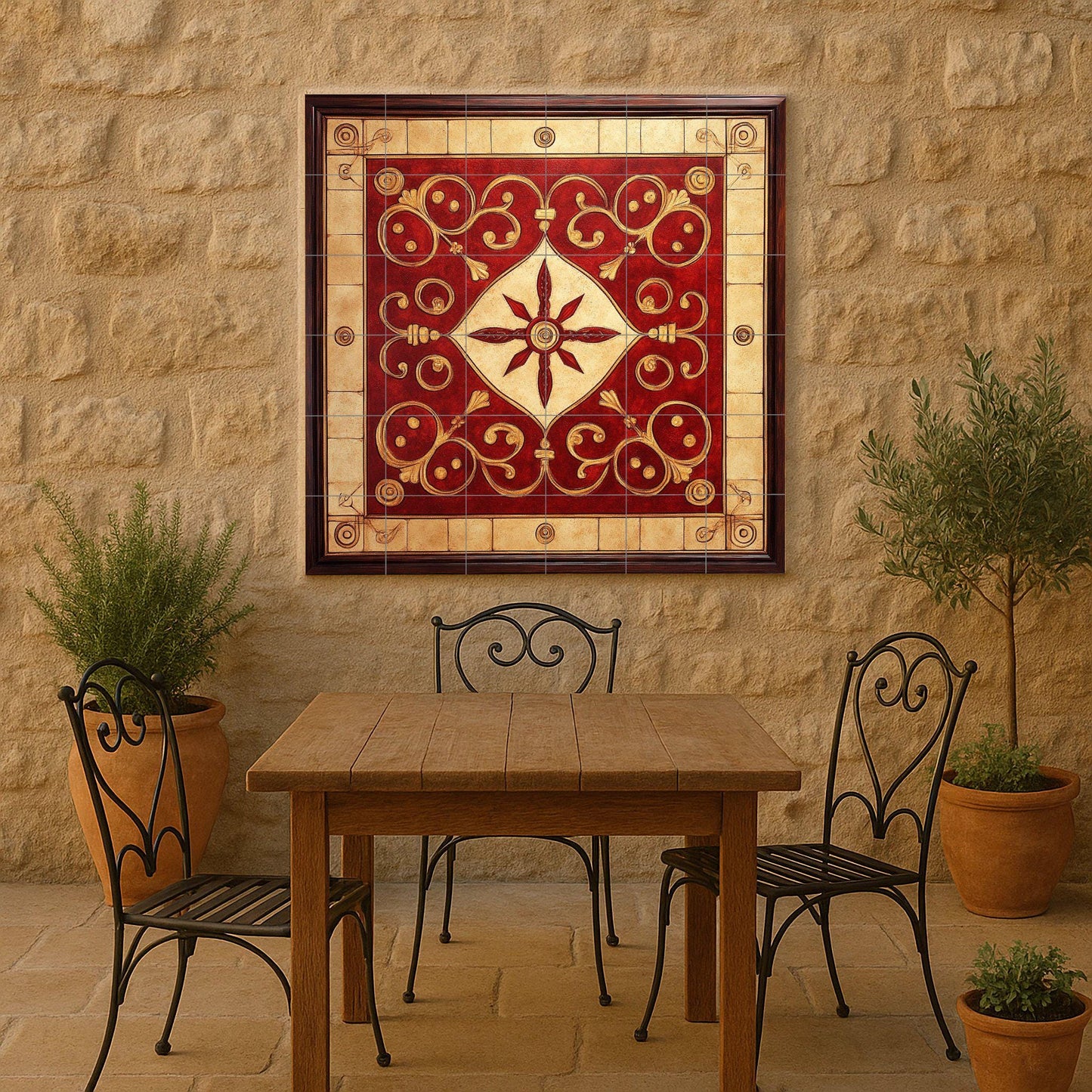 Red and gold ornamental ceramic mural: intricate spiral work, majestic geometric center, elegant decorative tile artwork.