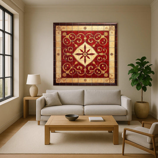 Red and gold ornamental ceramic mural: intricate spiral work, majestic geometric center, elegant decorative tile artwork.
