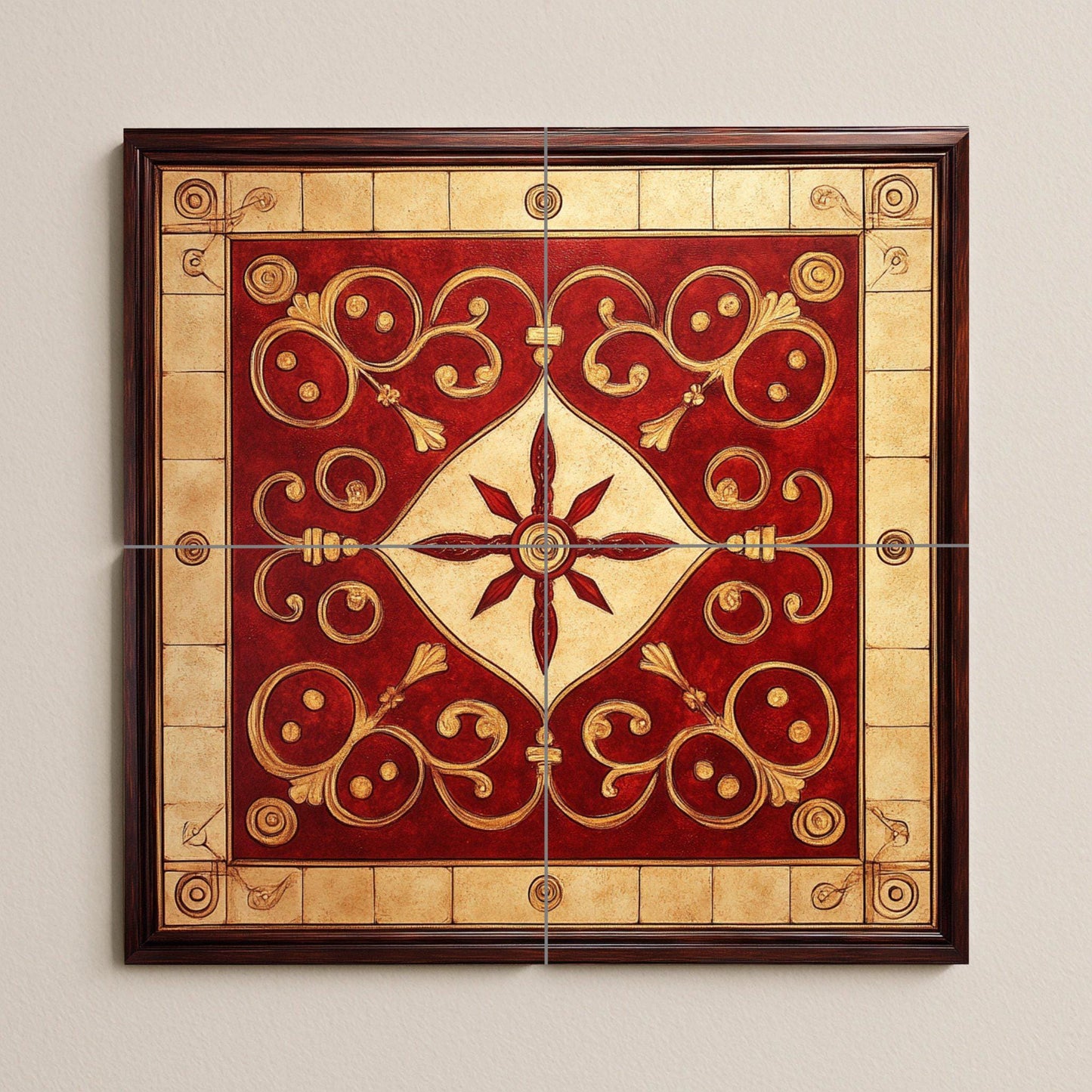 Red and gold ornamental ceramic mural: intricate spiral work, majestic geometric center, elegant decorative tile artwork.
