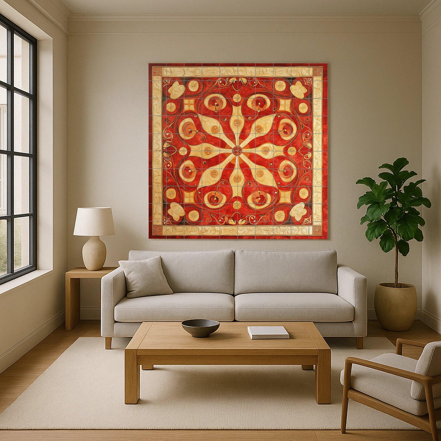 Byzantine ceramic mural from the Balkans: tile art with red and gold floral symmetry, heritage mural panel from Skopje, Belgrade and Sofia, cultural decoration.
