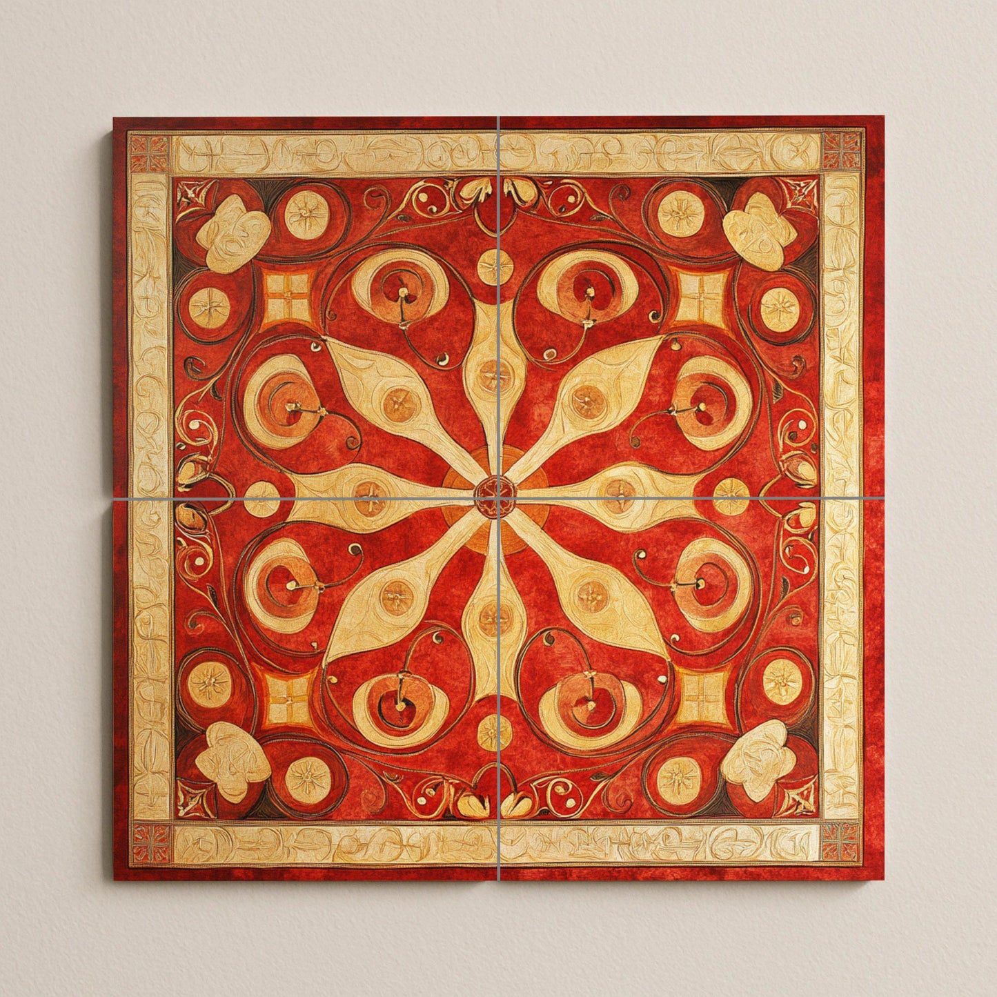 Byzantine ceramic mural from the Balkans: tile art with red and gold floral symmetry, heritage mural panel from Skopje, Belgrade and Sofia, cultural decoration.