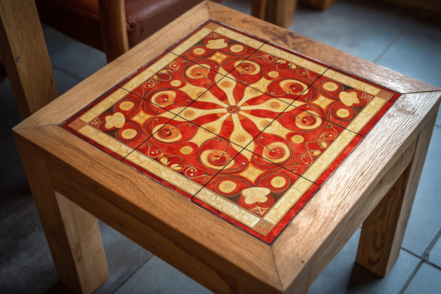 Byzantine ceramic mural from the Balkans: tile art with red and gold floral symmetry, heritage mural panel from Skopje, Belgrade and Sofia, cultural decoration.