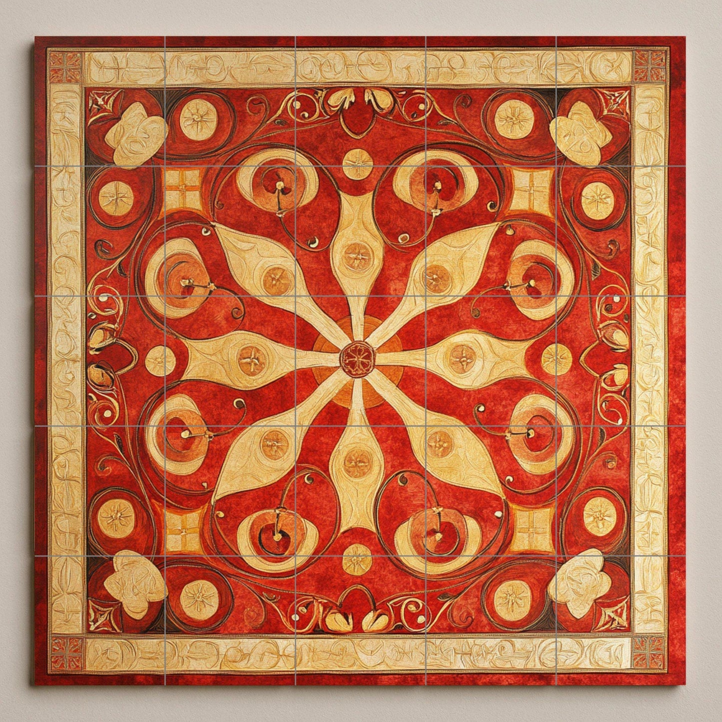 Byzantine ceramic mural from the Balkans: tile art with red and gold floral symmetry, heritage mural panel from Skopje, Belgrade and Sofia, cultural decoration.