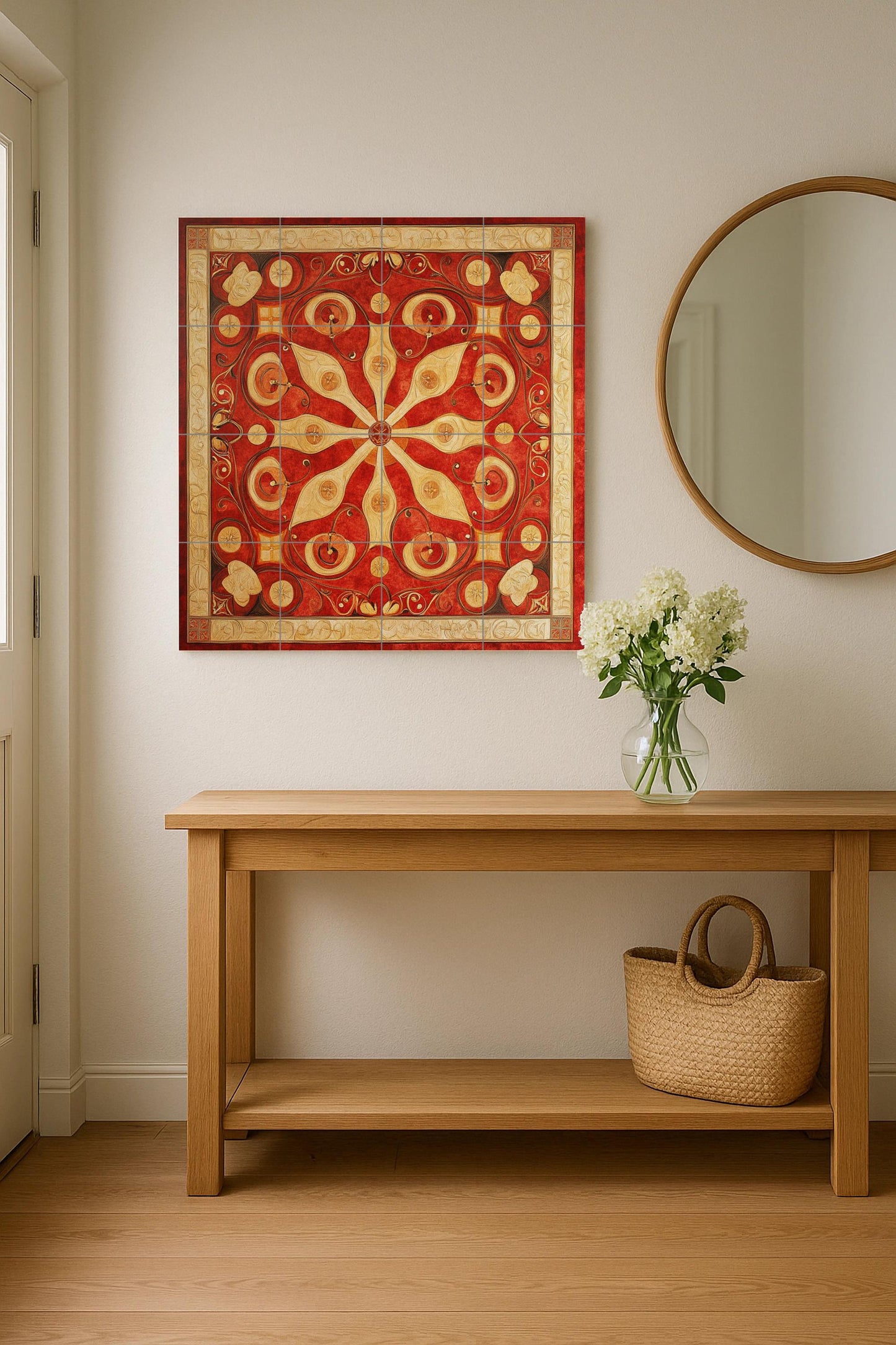 Byzantine ceramic mural from the Balkans: tile art with red and gold floral symmetry, heritage mural panel from Skopje, Belgrade and Sofia, cultural decoration.