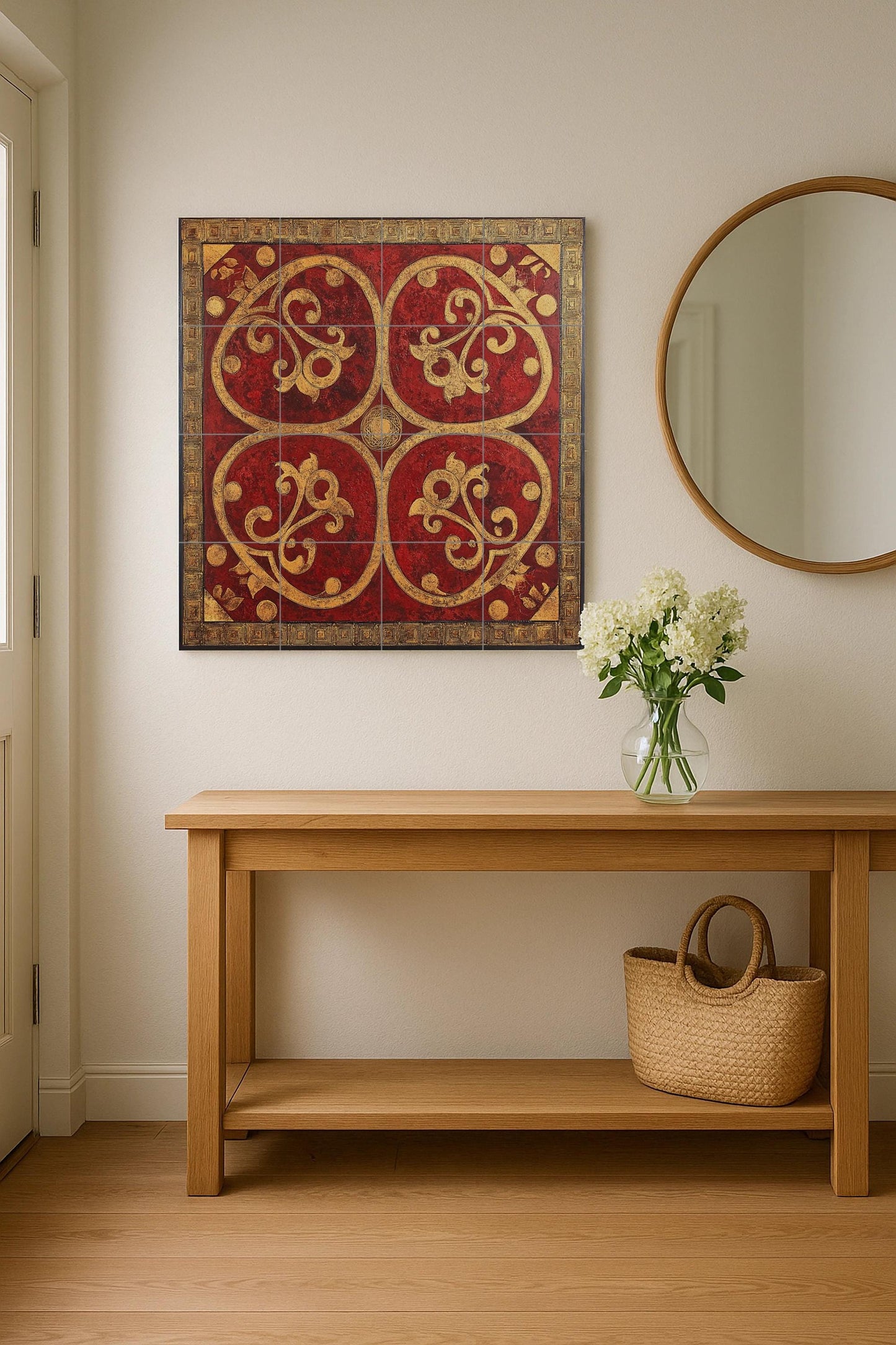 Byzantine Balkan ceramic mural: ornamental art in red and gold tiles, Serbian-Montenegrin-Macedonian decorative wall panel.