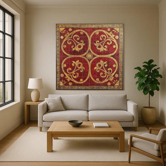 Byzantine Balkan ceramic mural: ornamental art in red and gold tiles, Serbian-Montenegrin-Macedonian decorative wall panel.