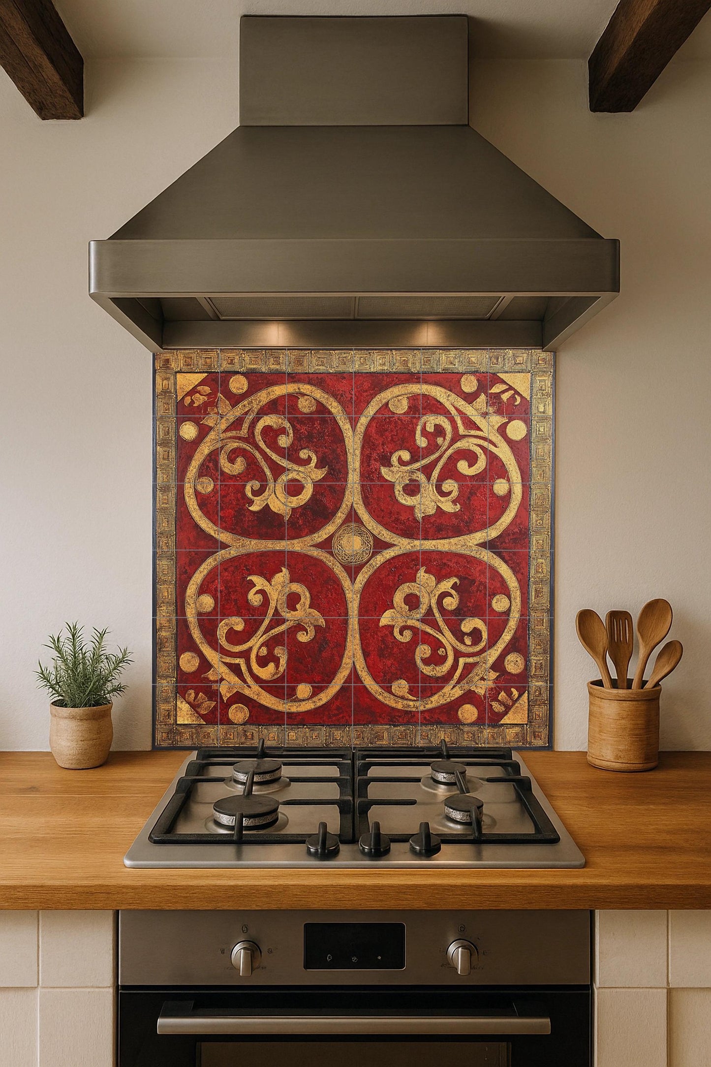 Byzantine Balkan ceramic mural: ornamental art in red and gold tiles, Serbian-Montenegrin-Macedonian decorative wall panel.