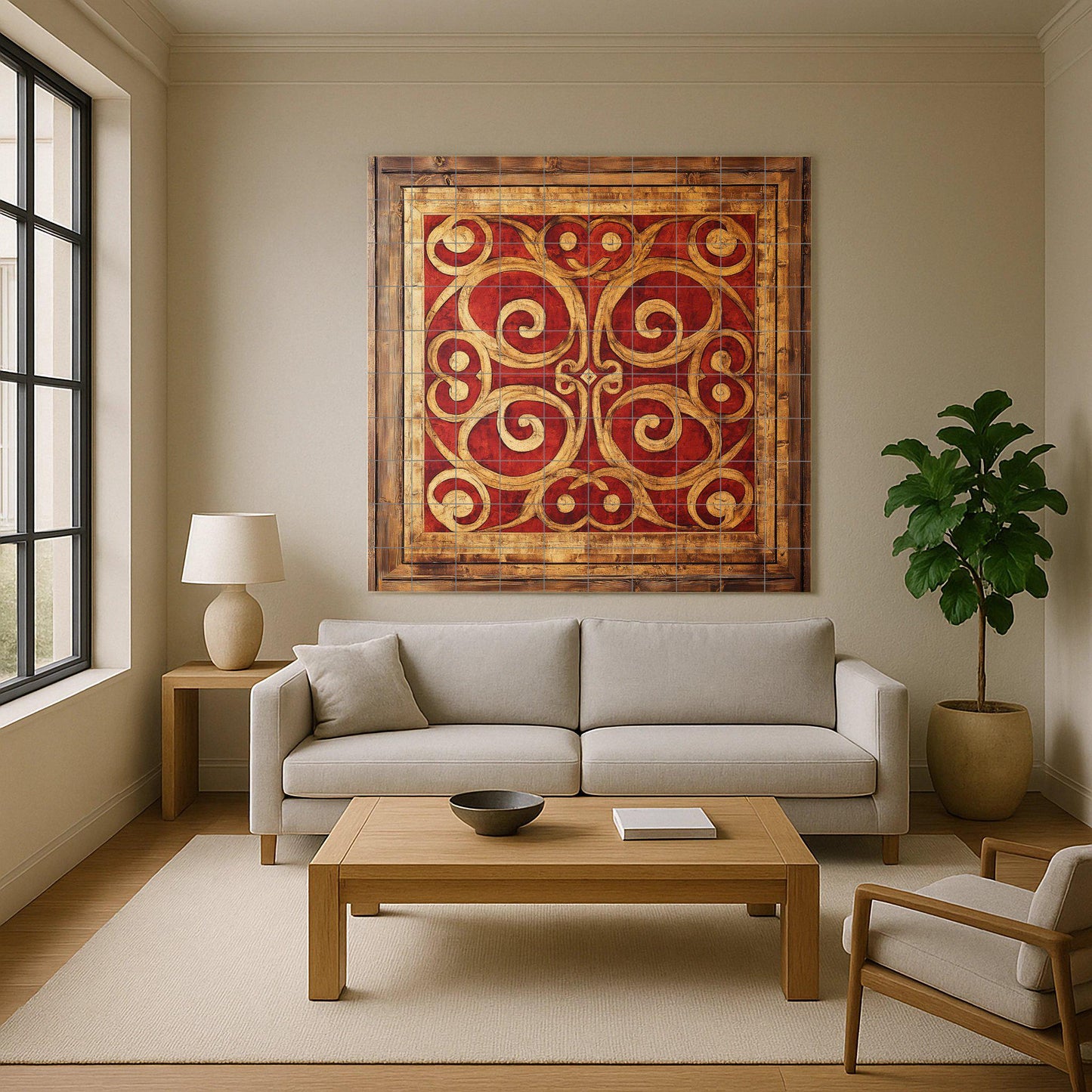 Macedonian Byzantine ceramic mural: red and gold spiral tile art with cross motifs, framed decorative wall panel in fresco style.