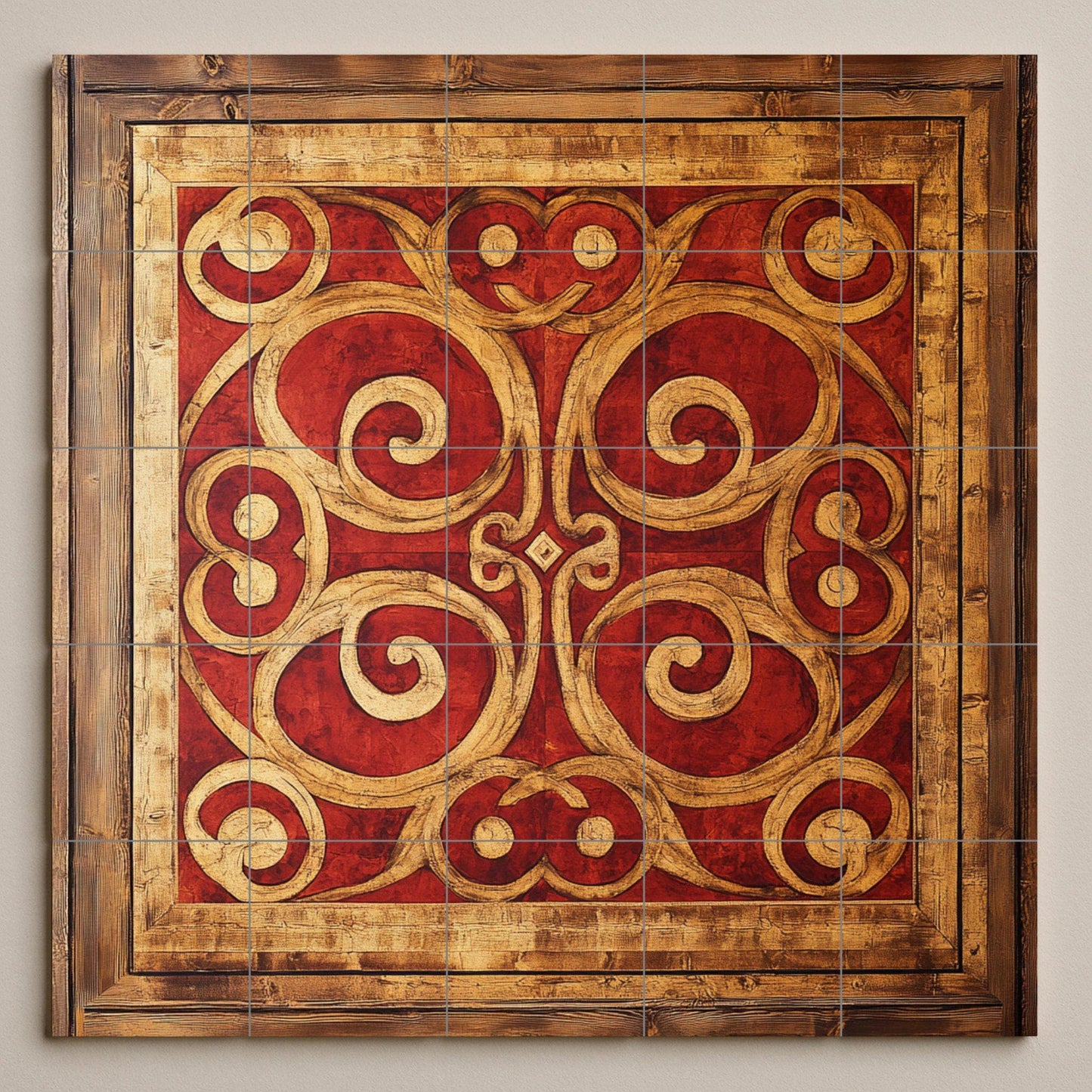 Macedonian Byzantine ceramic mural: red and gold spiral tile art with cross motifs, framed decorative wall panel in fresco style.