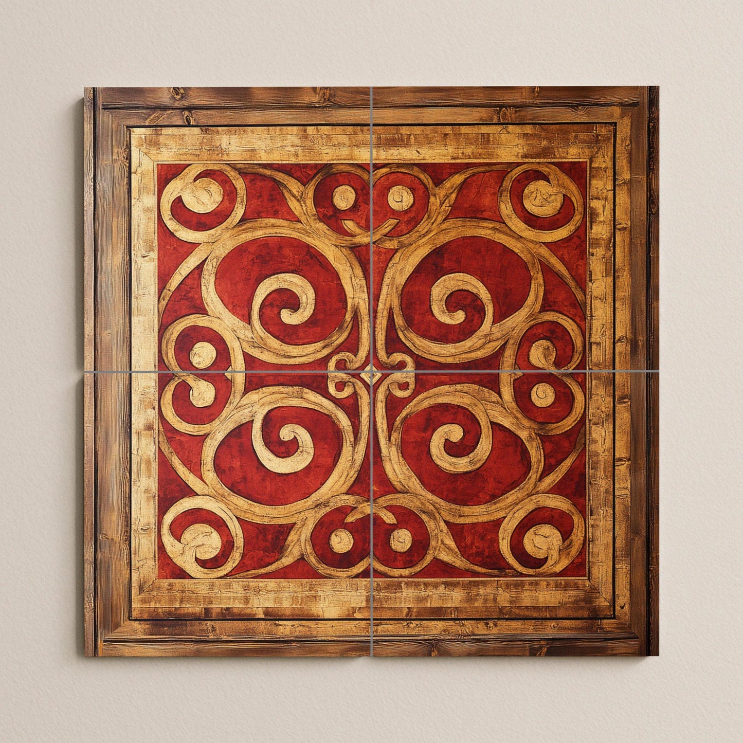Macedonian Byzantine ceramic mural: red and gold spiral tile art with cross motifs, framed decorative wall panel in fresco style.