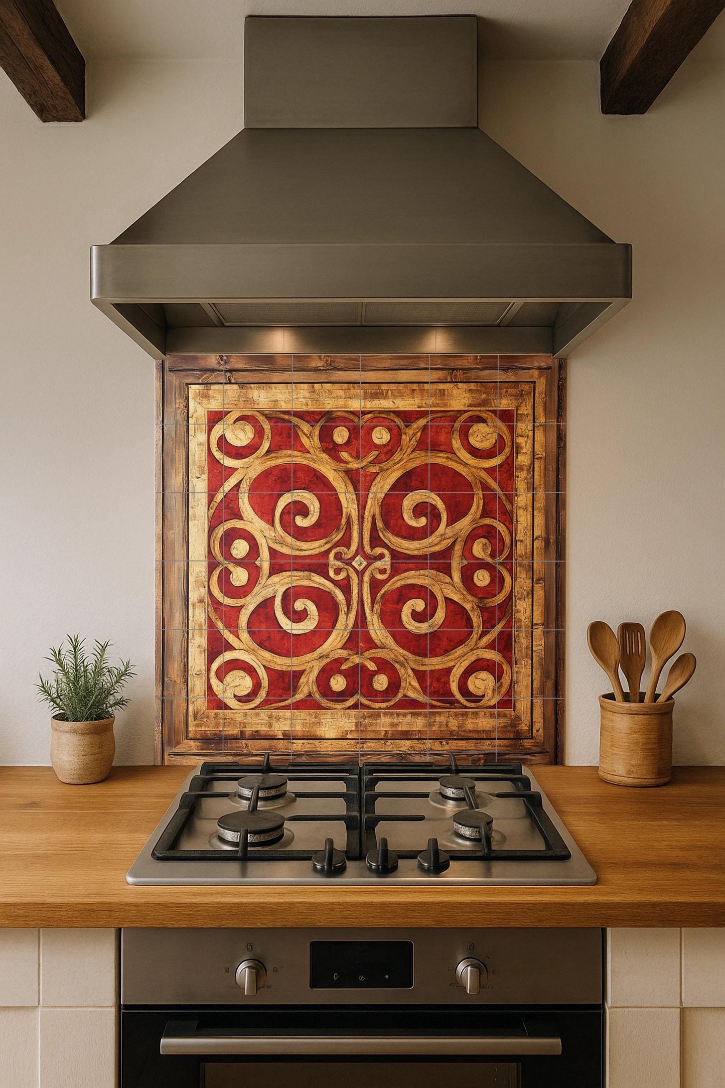 Macedonian Byzantine ceramic mural: red and gold spiral tile art with cross motifs, framed decorative wall panel in fresco style.