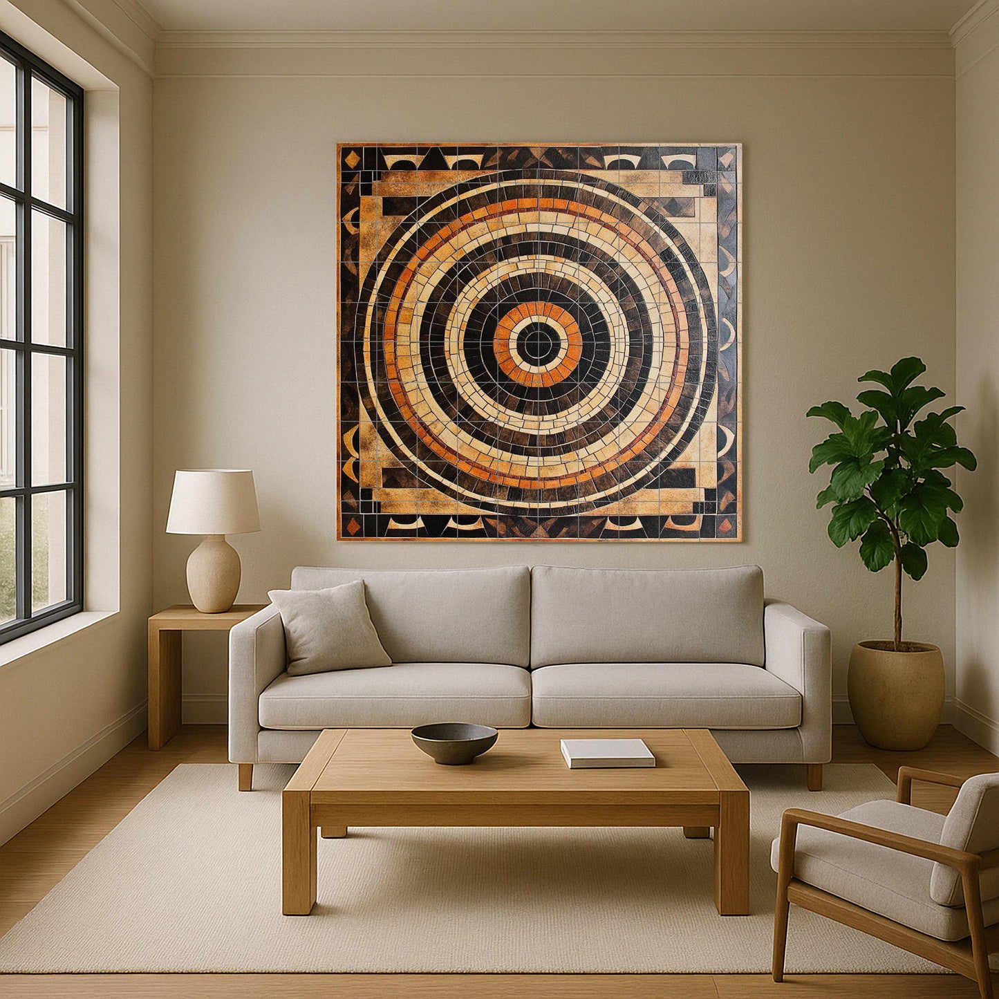 Ceramic mosaic-style mural: concentric tile art in earth tones, geometric wall panel, decorative architectural design