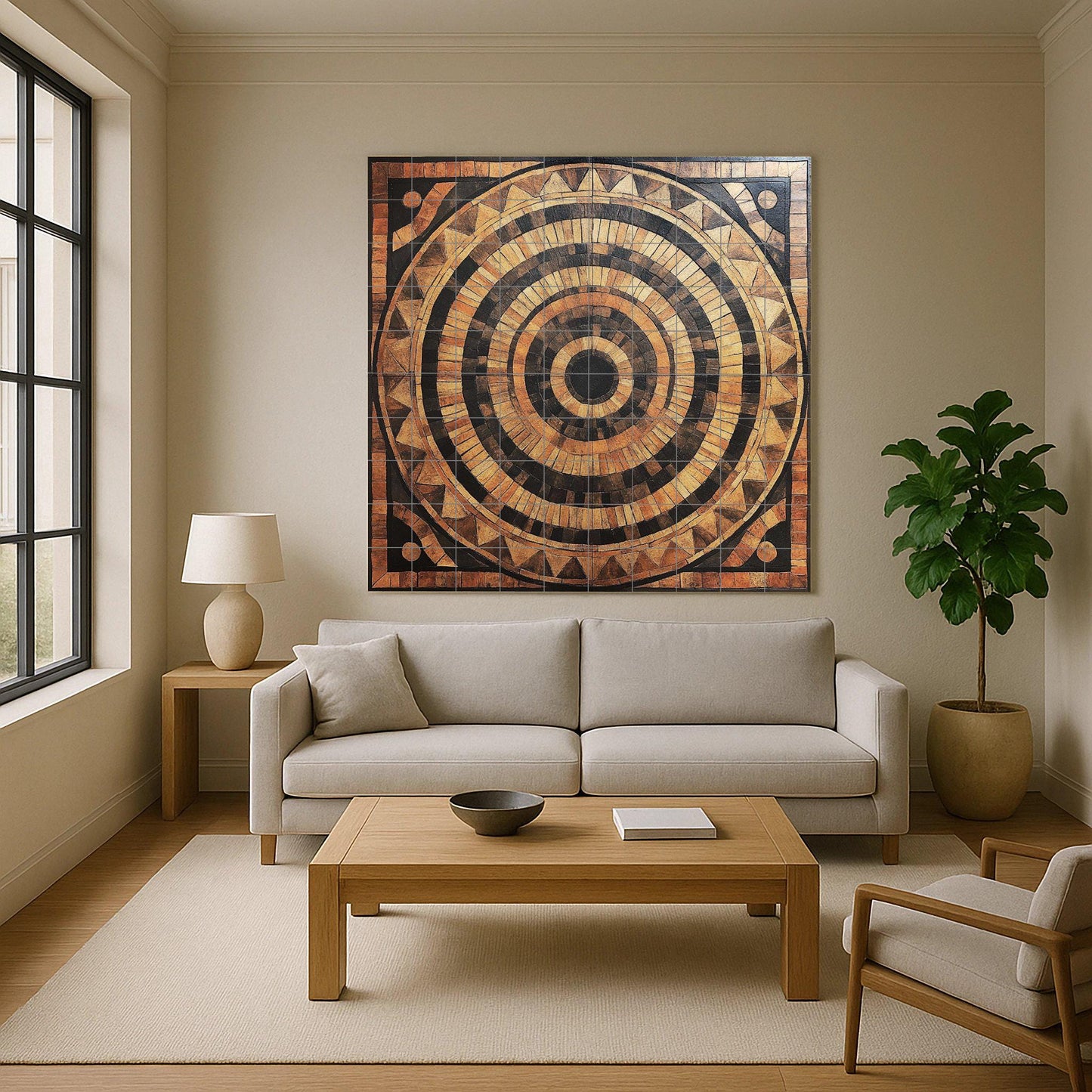 Circular ceramic mural in wood style: earthy concentric tile art, tribal-inspired wall panel, rustic design with decorative pattern.