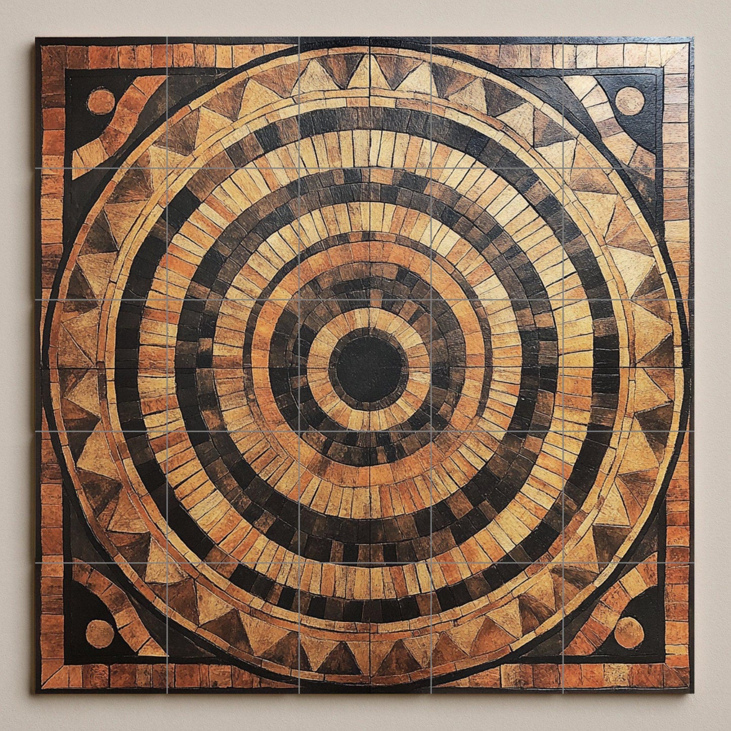 Circular ceramic mural in wood style: earthy concentric tile art, tribal-inspired wall panel, rustic design with decorative pattern.
