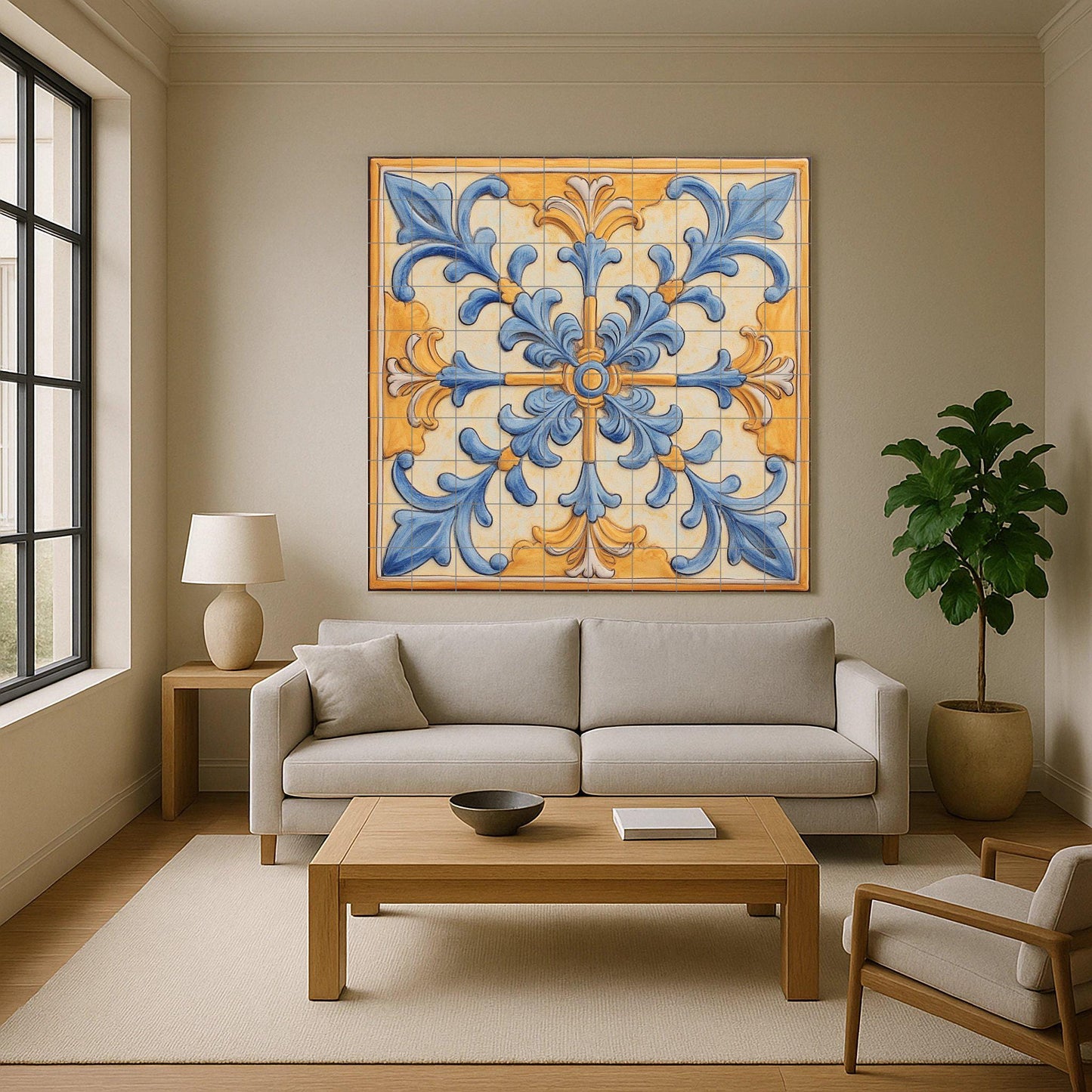 Mediterranean ceramic mural: ornamental art in blue and gold, baroque-inspired wall panel, decorative floral design with scrolls.