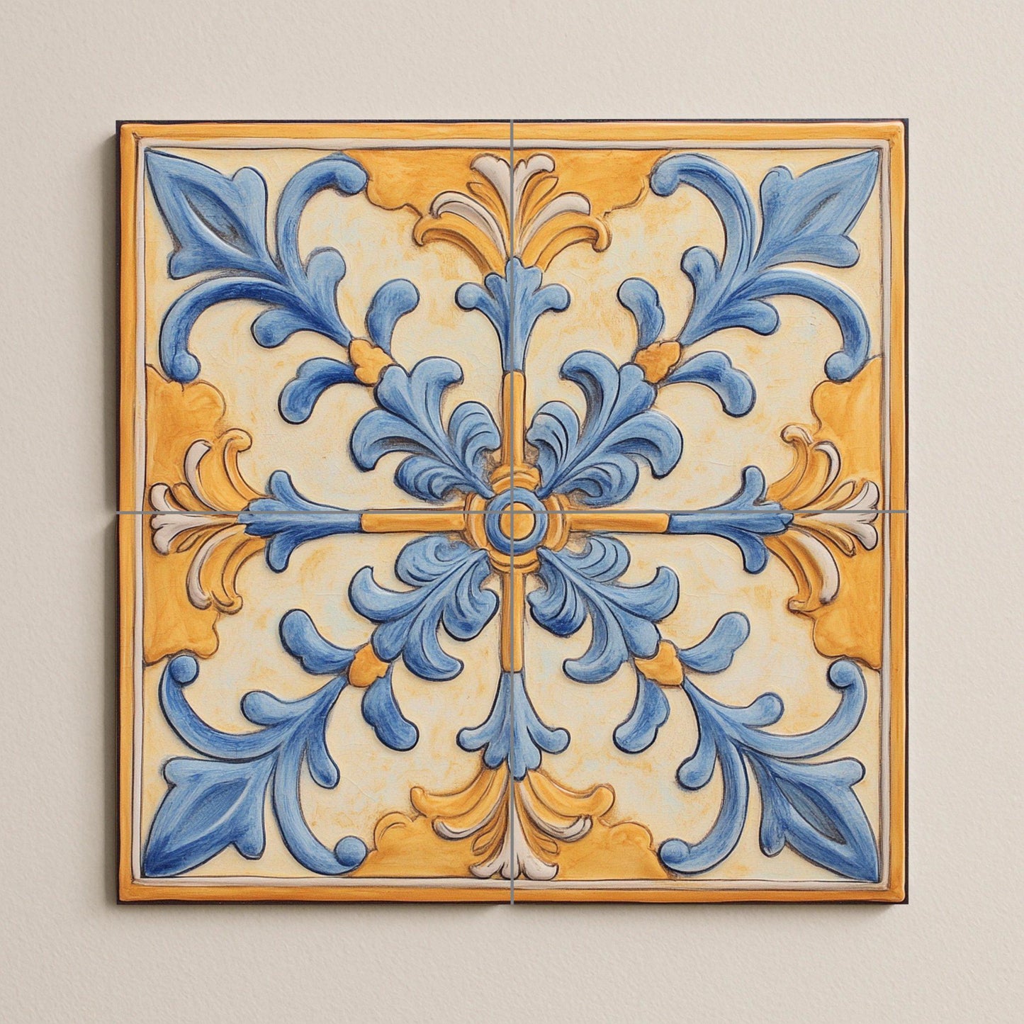 Mediterranean ceramic mural: ornamental art in blue and gold, baroque-inspired wall panel, decorative floral design with scrolls.