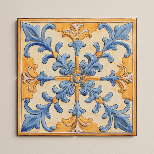 Mediterranean ceramic mural: ornamental art in blue and gold, baroque-inspired wall panel, decorative floral design with scrolls.