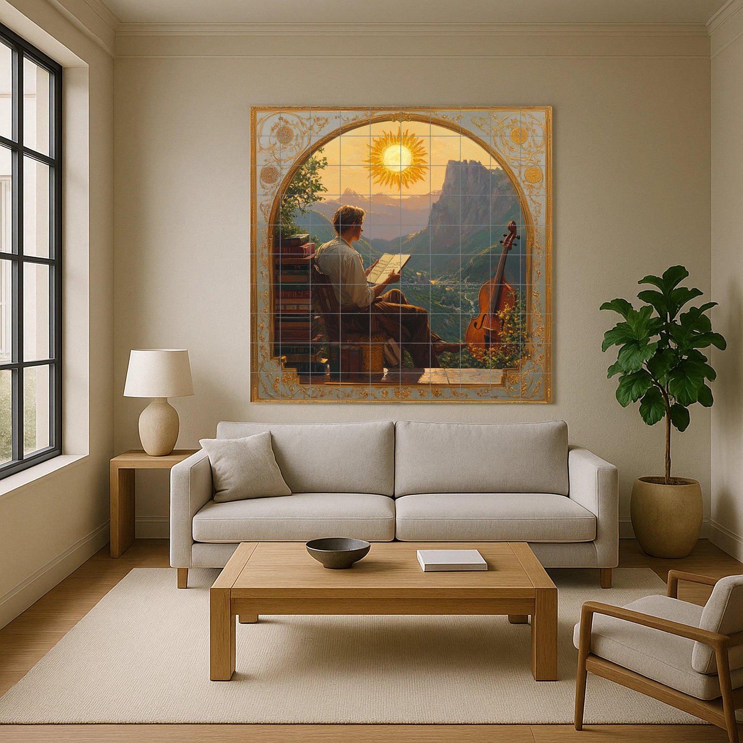 Dolomites ceramic mural: Romantic tile art with musician at sunset, wall panel with alpine landscape and artistic mountain scene.