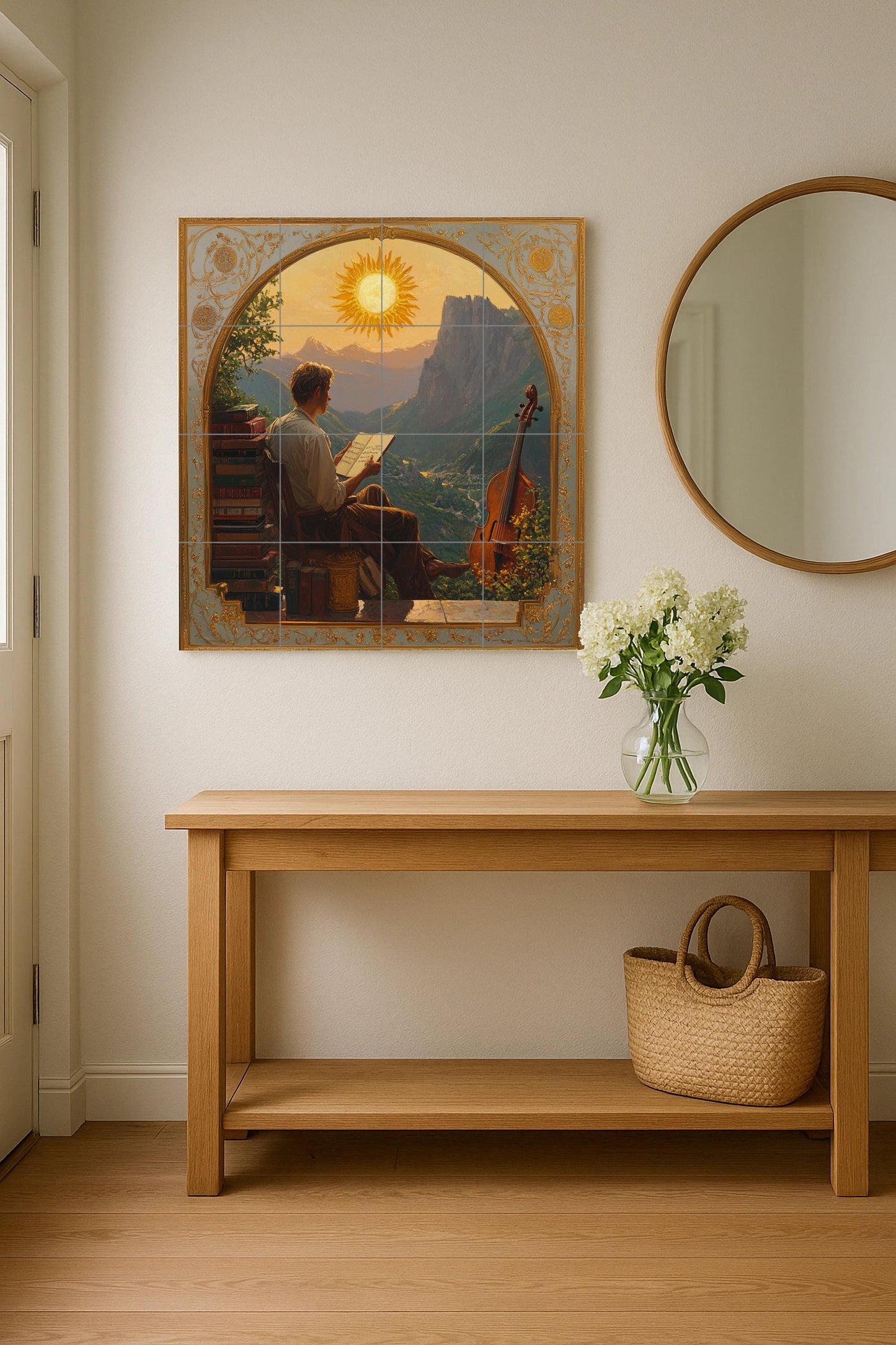 Dolomites ceramic mural: Romantic tile art with musician at sunset, wall panel with alpine landscape and artistic mountain scene.