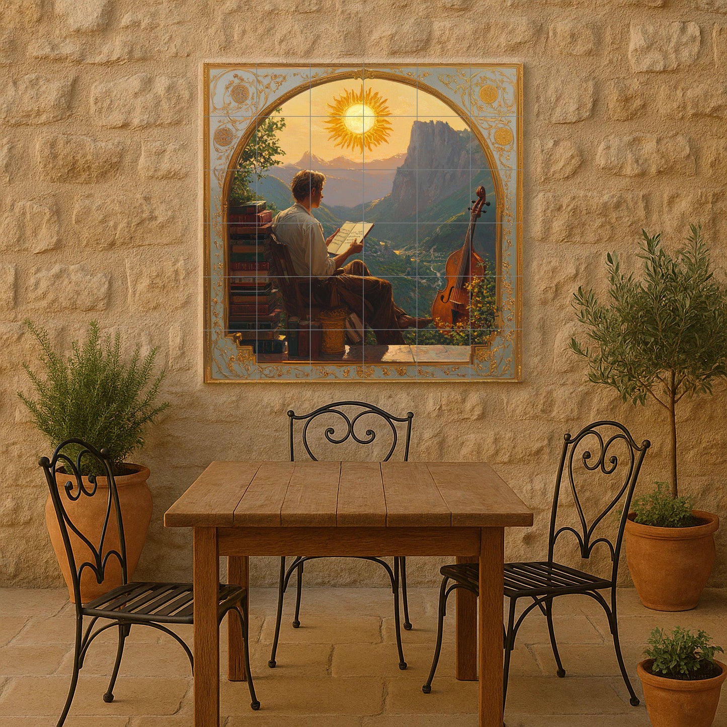 Dolomites ceramic mural: Romantic tile art with musician at sunset, wall panel with alpine landscape and artistic mountain scene.
