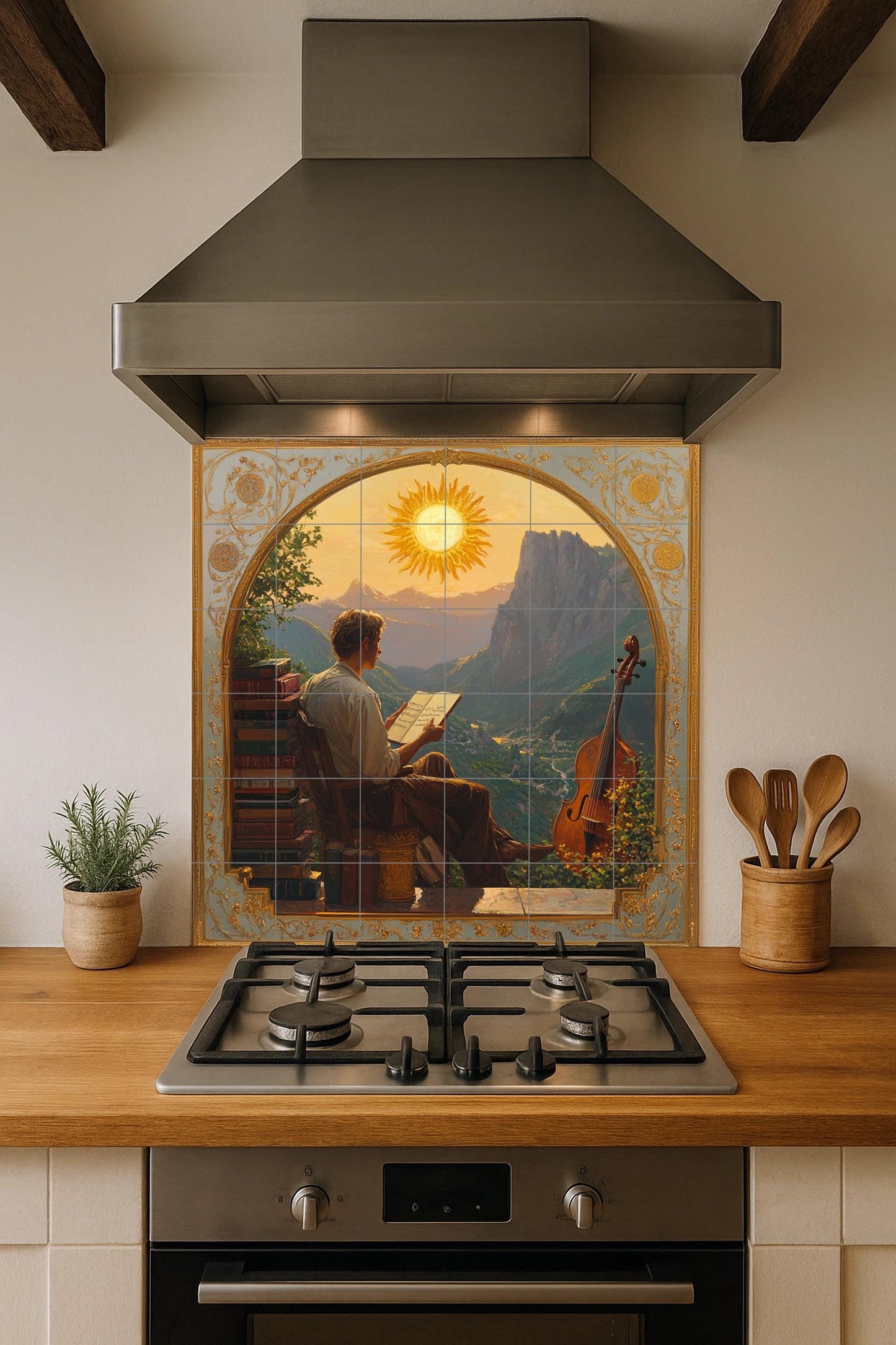 Dolomites ceramic mural: Romantic tile art with musician at sunset, wall panel with alpine landscape and artistic mountain scene.