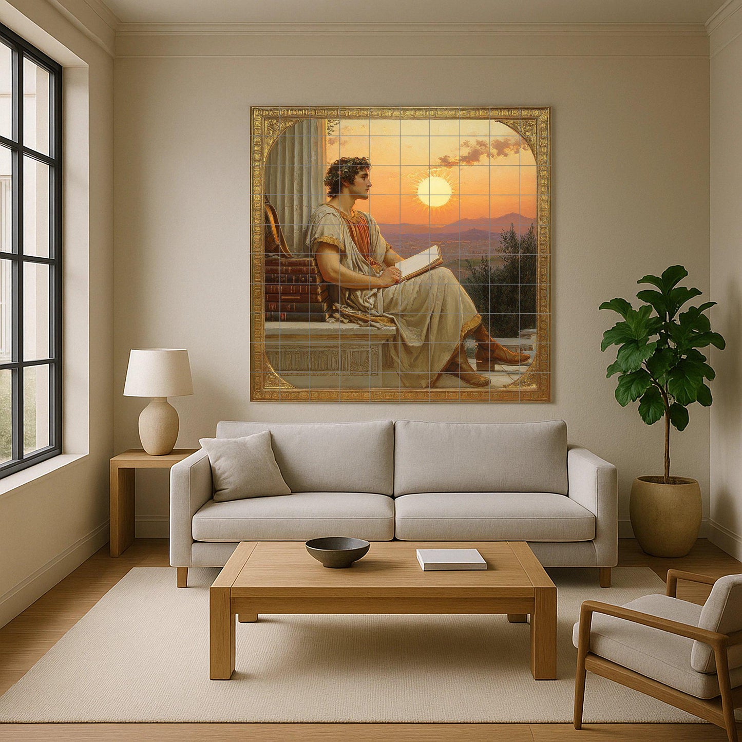 Ceramic mural of a classical poet: Neoclassical art with a scholar at sunset, ancient-inspired wall panel, literary decorative scene.