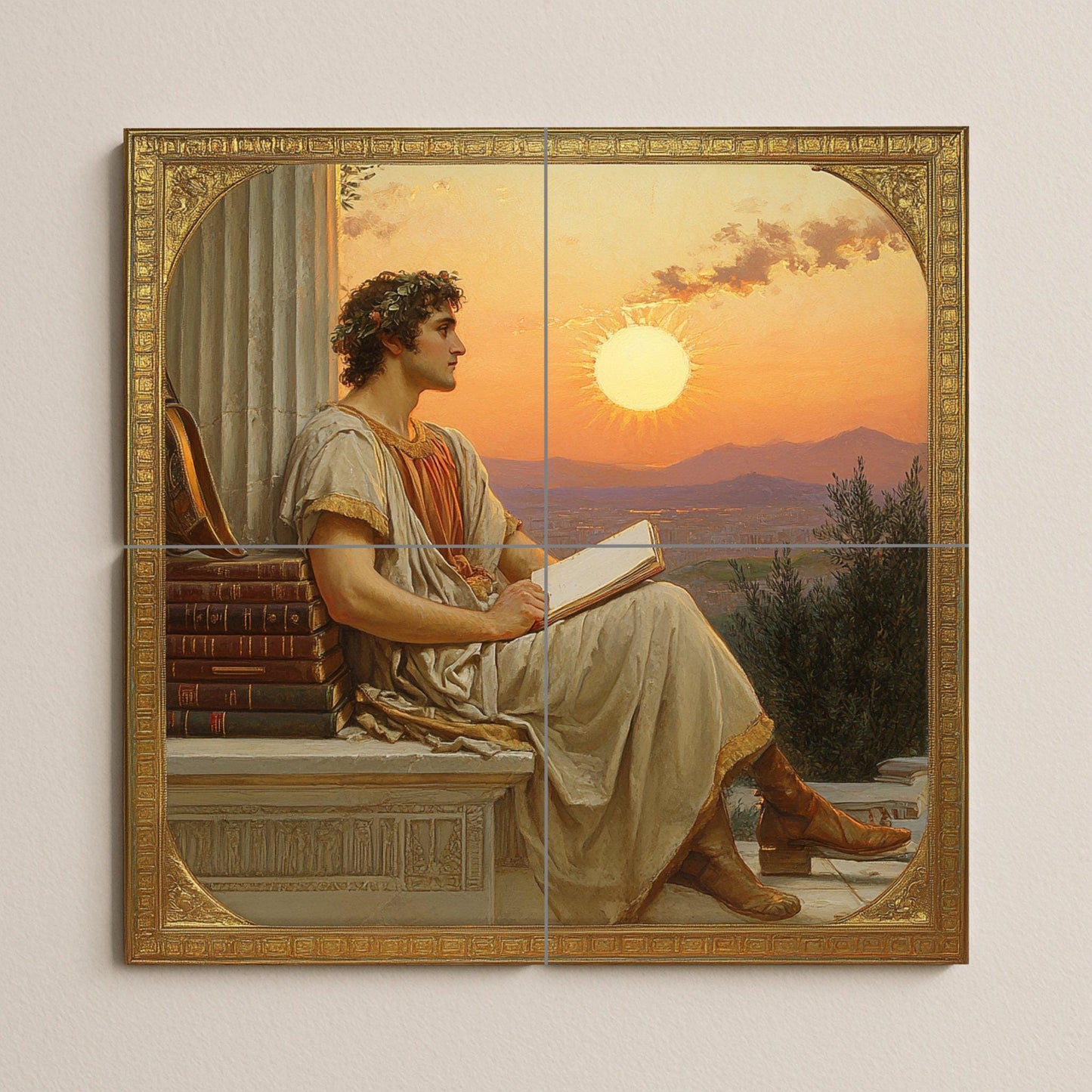 Ceramic mural of a classical poet: Neoclassical art with a scholar at sunset, ancient-inspired wall panel, literary decorative scene.