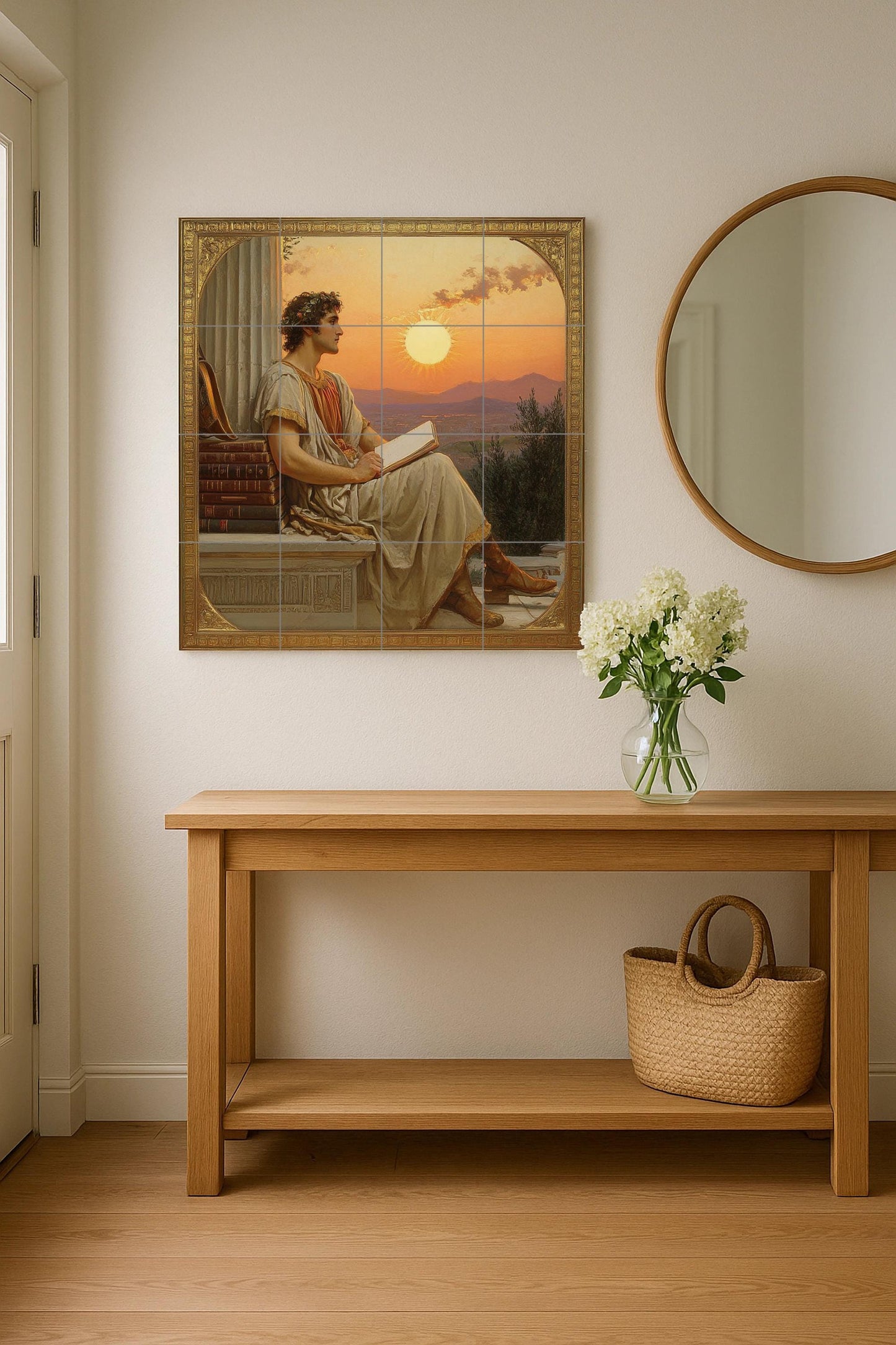 Ceramic mural of a classical poet: Neoclassical art with a scholar at sunset, ancient-inspired wall panel, literary decorative scene.