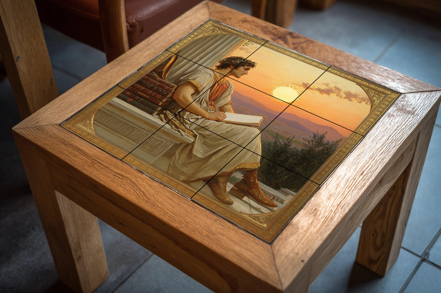 Ceramic mural of a classical poet: Neoclassical art with a scholar at sunset, ancient-inspired wall panel, literary decorative scene.