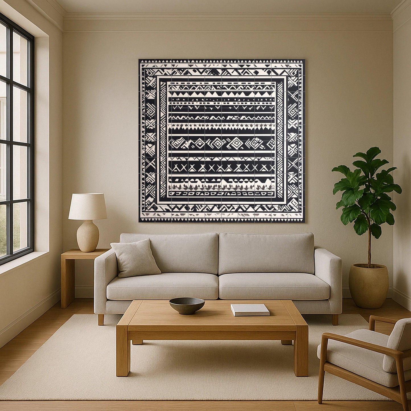 Mapuche ceramic mural: Monochromatic geometric art with indigenous textile motifs, black and white wall panel, ancestral pattern design.