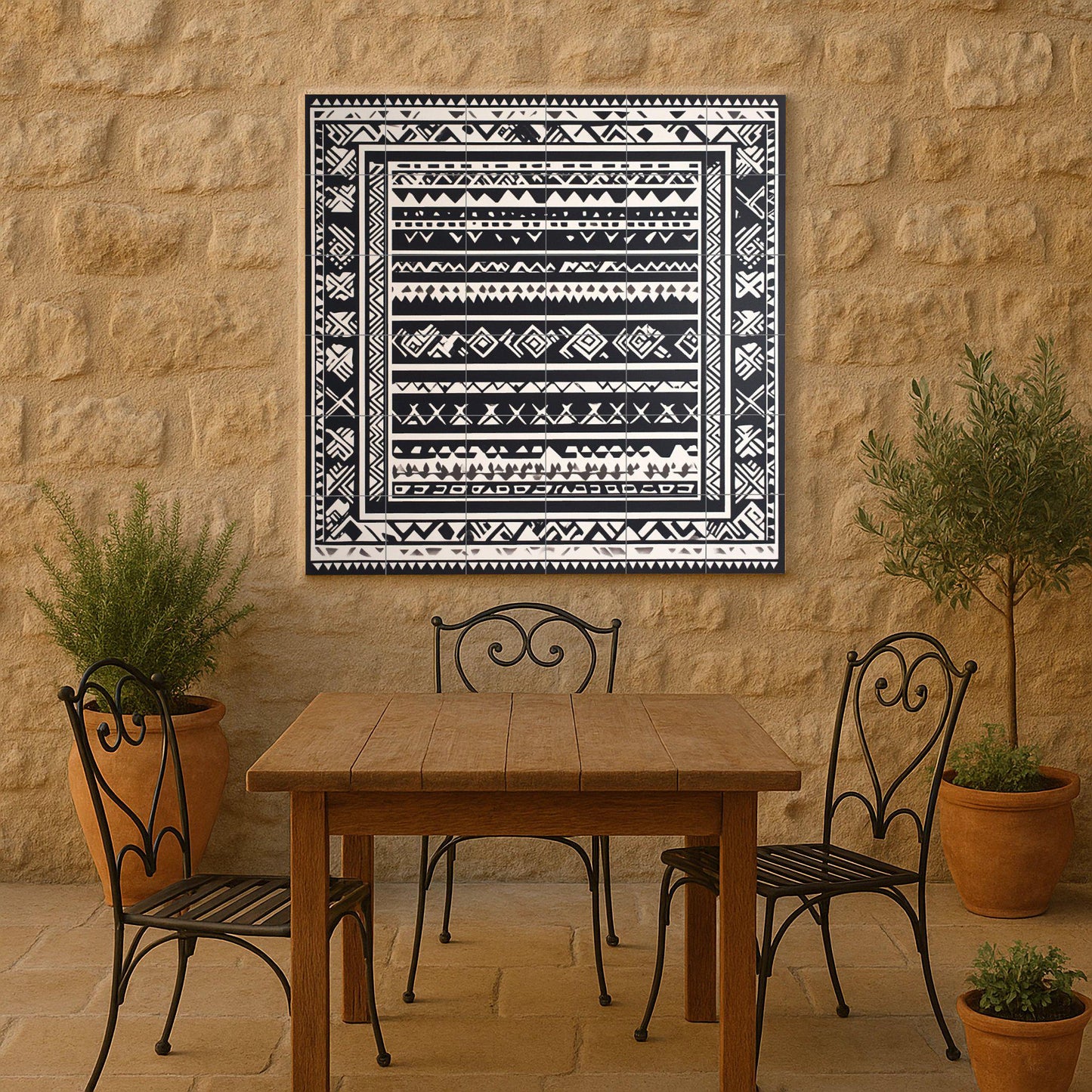 Mapuche ceramic mural: Monochromatic geometric art with indigenous textile motifs, black and white wall panel, ancestral pattern design.