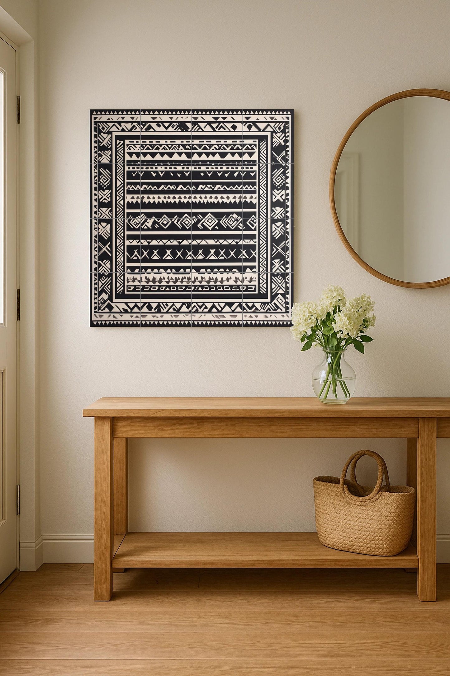 Mapuche ceramic mural: Monochromatic geometric art with indigenous textile motifs, black and white wall panel, ancestral pattern design.