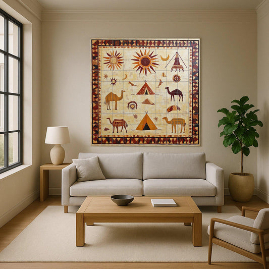 Ceramic mural of the Mauritanian desert: Mosaic art with Berber symbols, camels, suns and nomadic tents, wall panel inspired by the Sahara sand.