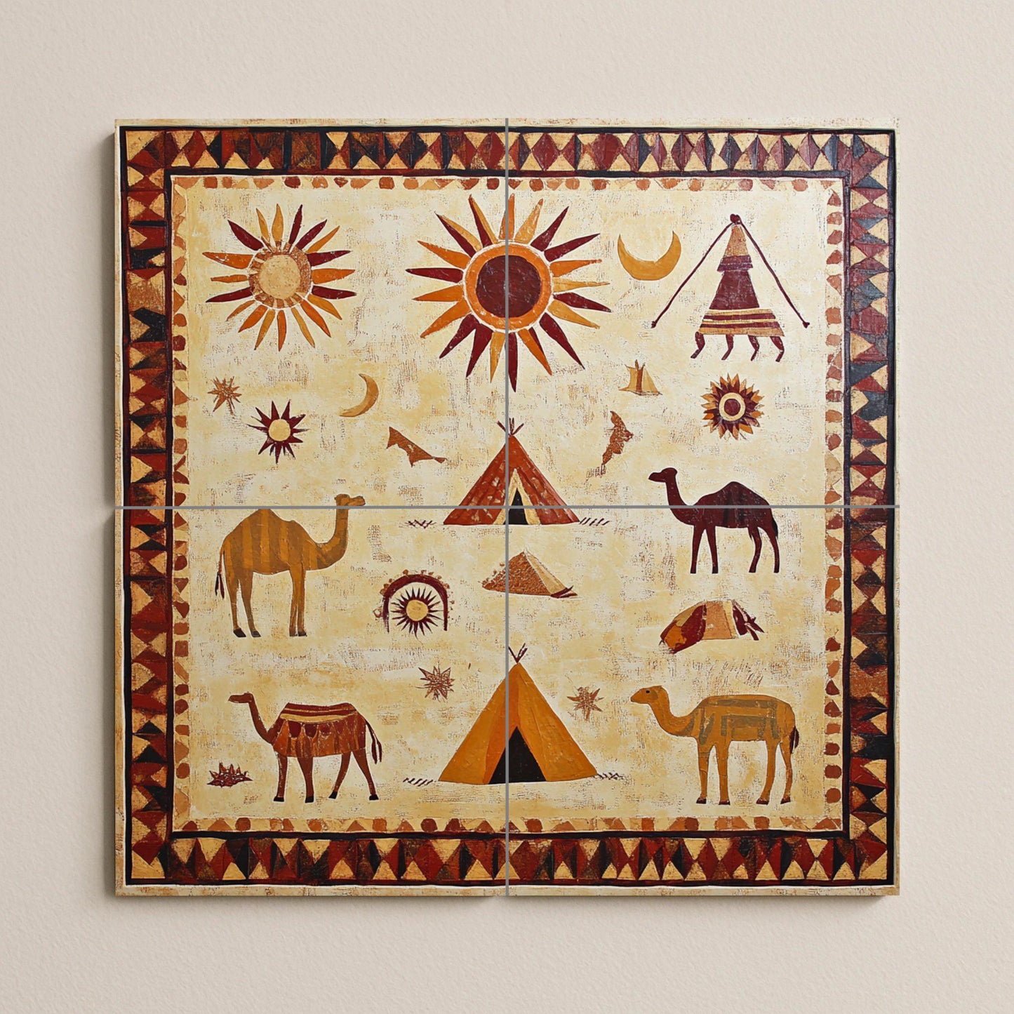 Ceramic mural of the Mauritanian desert: Mosaic art with Berber symbols, camels, suns and nomadic tents, wall panel inspired by the Sahara sand.