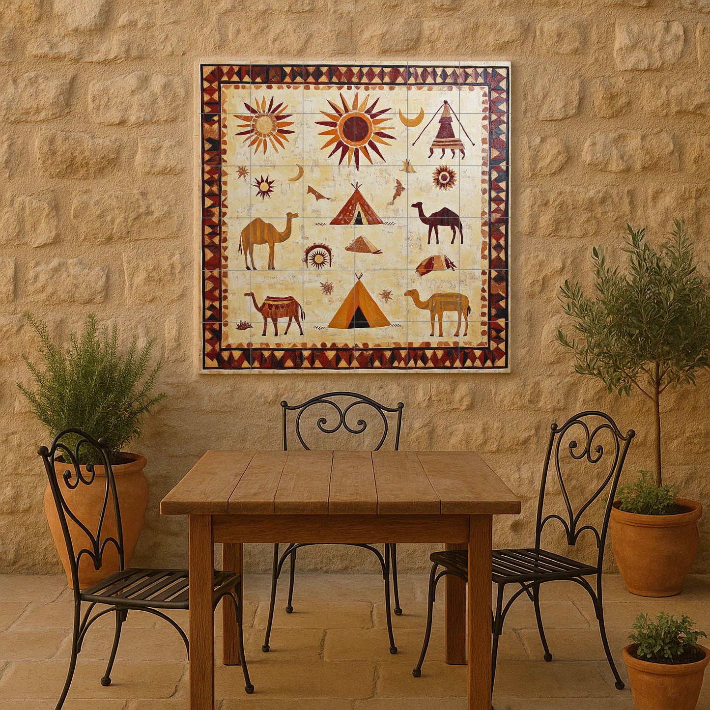 Ceramic mural of the Mauritanian desert: Mosaic art with Berber symbols, camels, suns and nomadic tents, wall panel inspired by the Sahara sand.