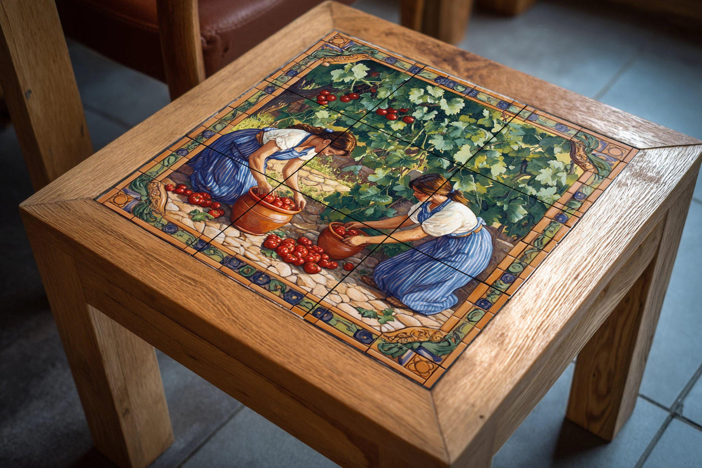 Mediterranean ceramic mural: Handmade tile art with a woman harvesting tomatoes, rustic rural scene, decorative panel for garden wall.
