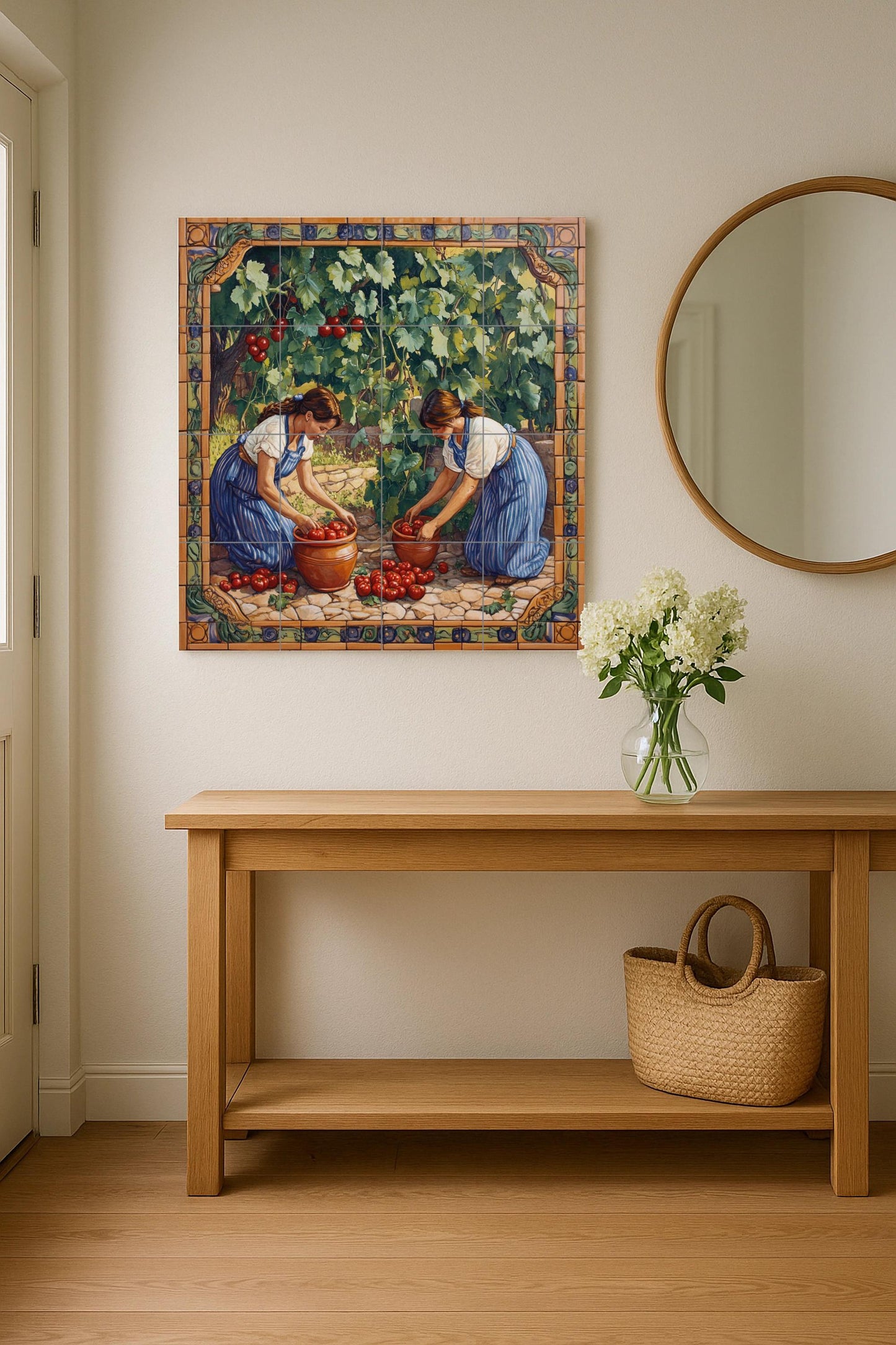 Mediterranean ceramic mural: Handmade tile art with a woman harvesting tomatoes, rustic rural scene, decorative panel for garden wall.