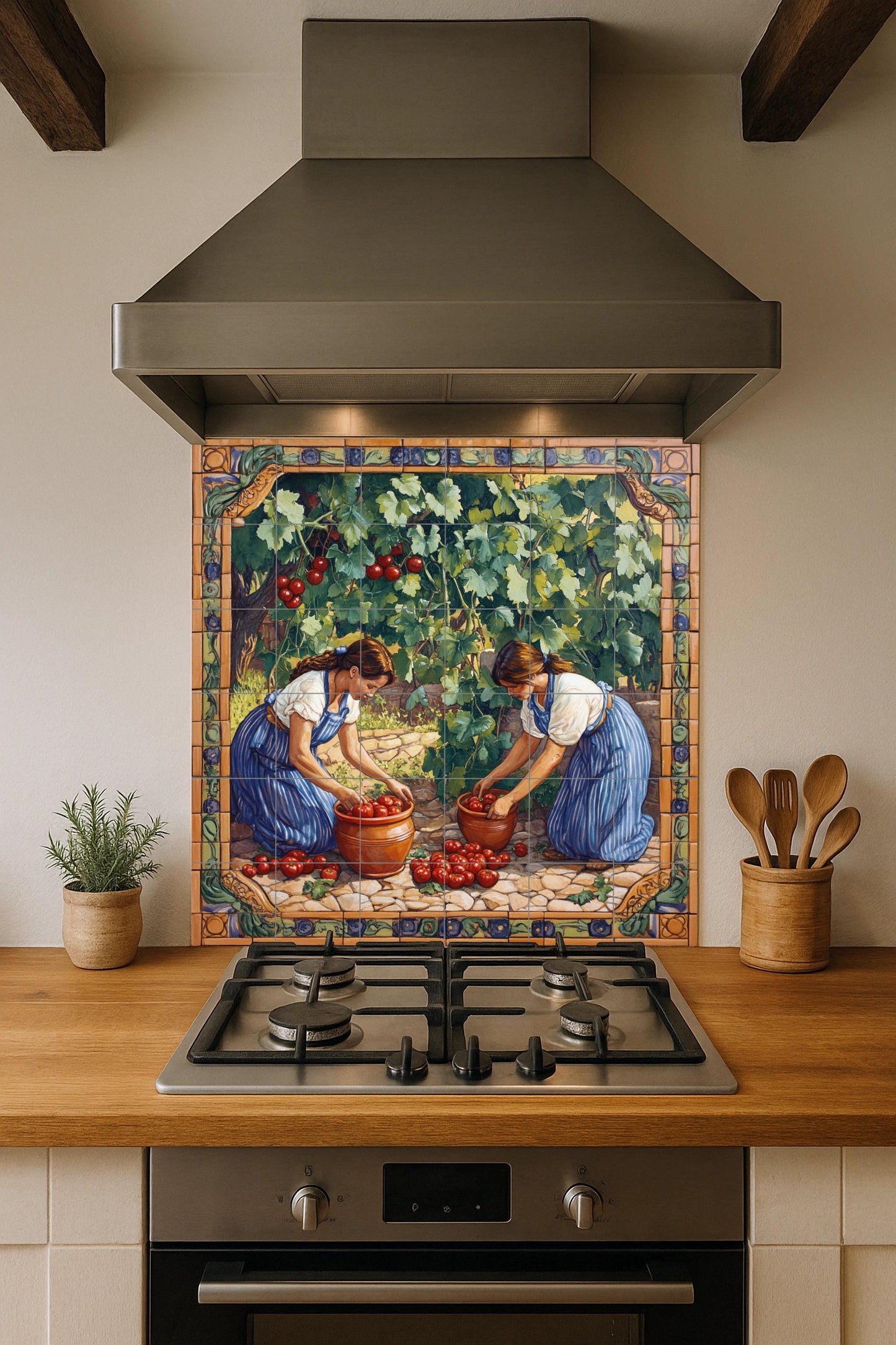 Mediterranean ceramic mural: Handmade tile art with a woman harvesting tomatoes, rustic rural scene, decorative panel for garden wall.