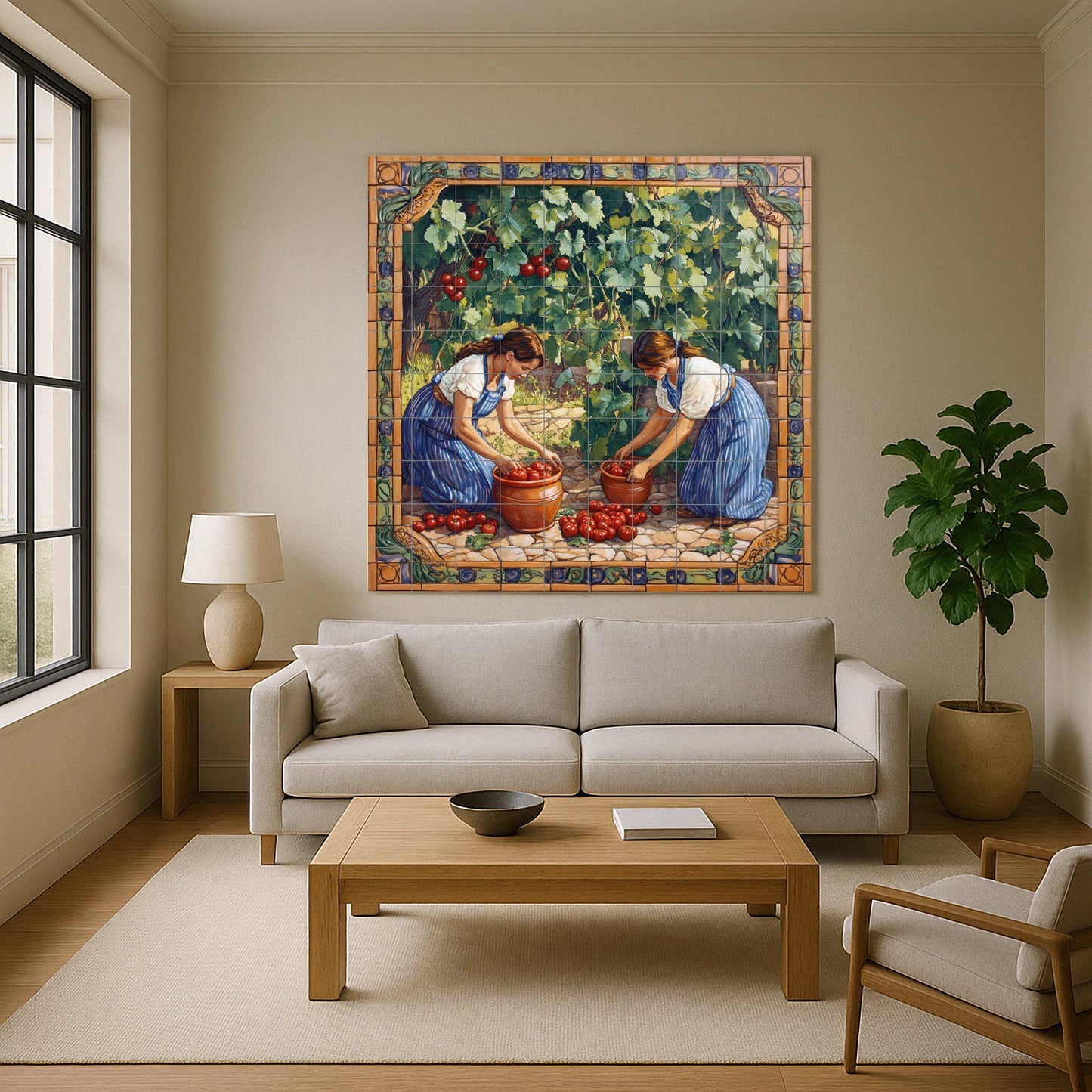 Mediterranean ceramic mural: Handmade tile art with a woman harvesting tomatoes, rustic rural scene, decorative panel for garden wall.