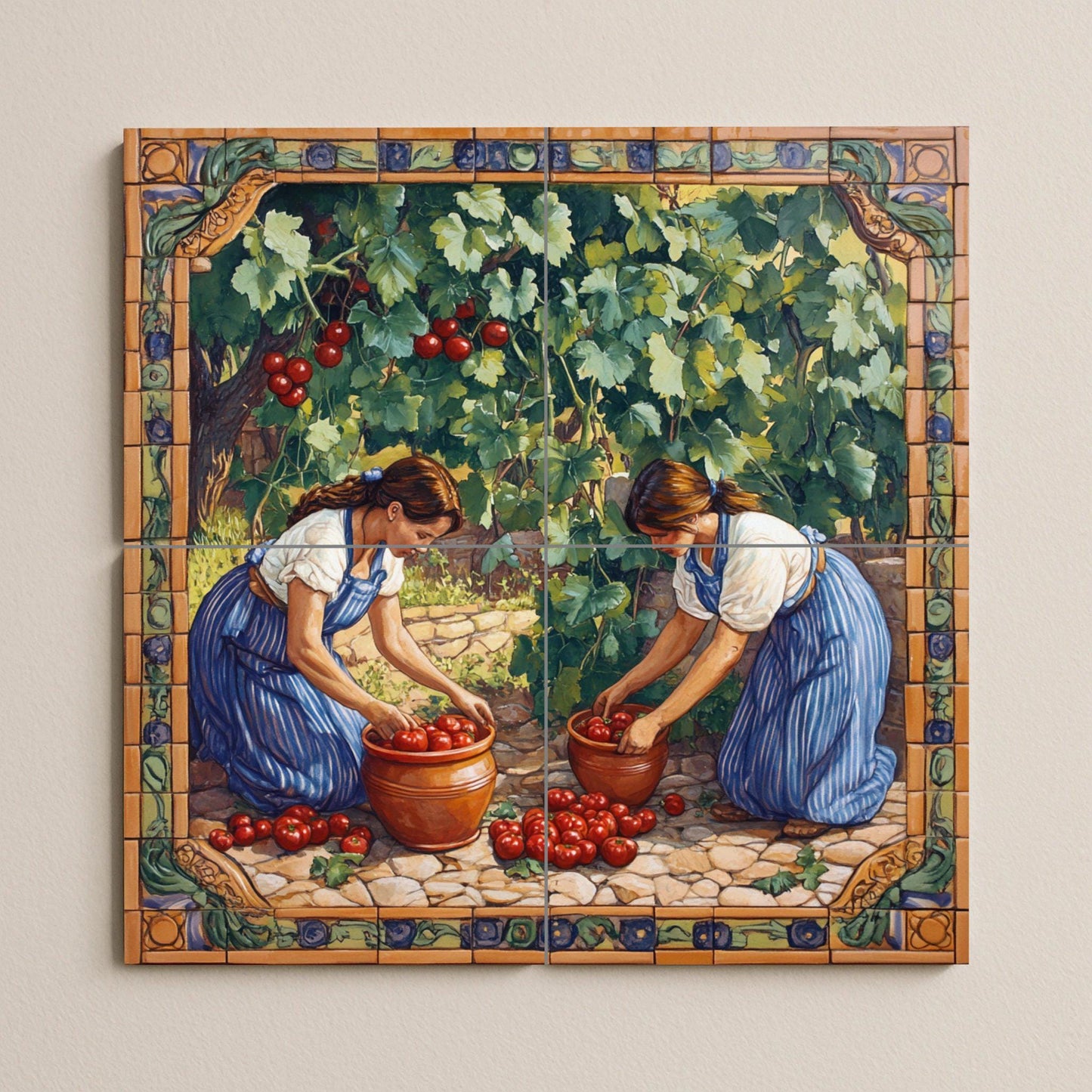 Mediterranean ceramic mural: Handmade tile art with a woman harvesting tomatoes, rustic rural scene, decorative panel for garden wall.