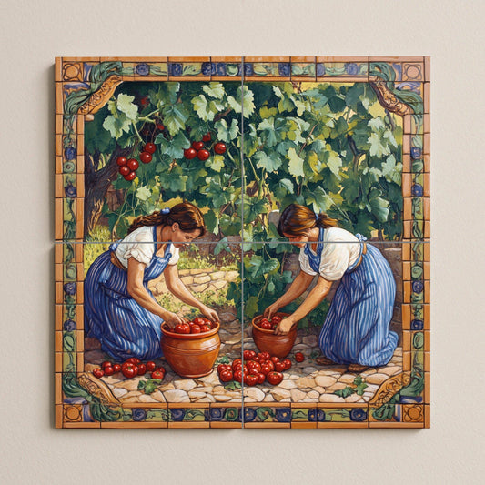 Mediterranean ceramic mural: Handmade tile art with a woman harvesting tomatoes, rustic rural scene, decorative panel for garden wall.