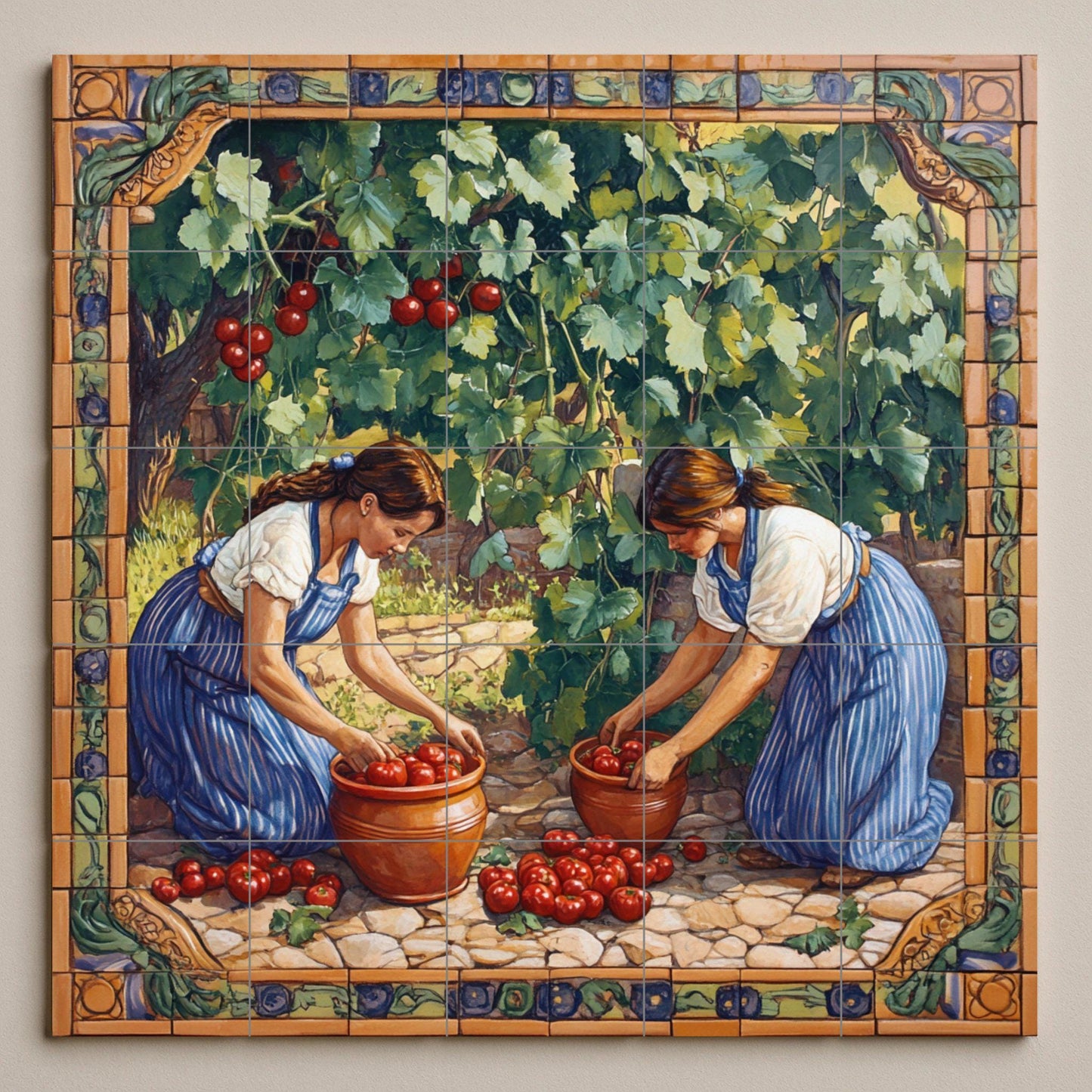 Mediterranean ceramic mural: Handmade tile art with a woman harvesting tomatoes, rustic rural scene, decorative panel for garden wall.
