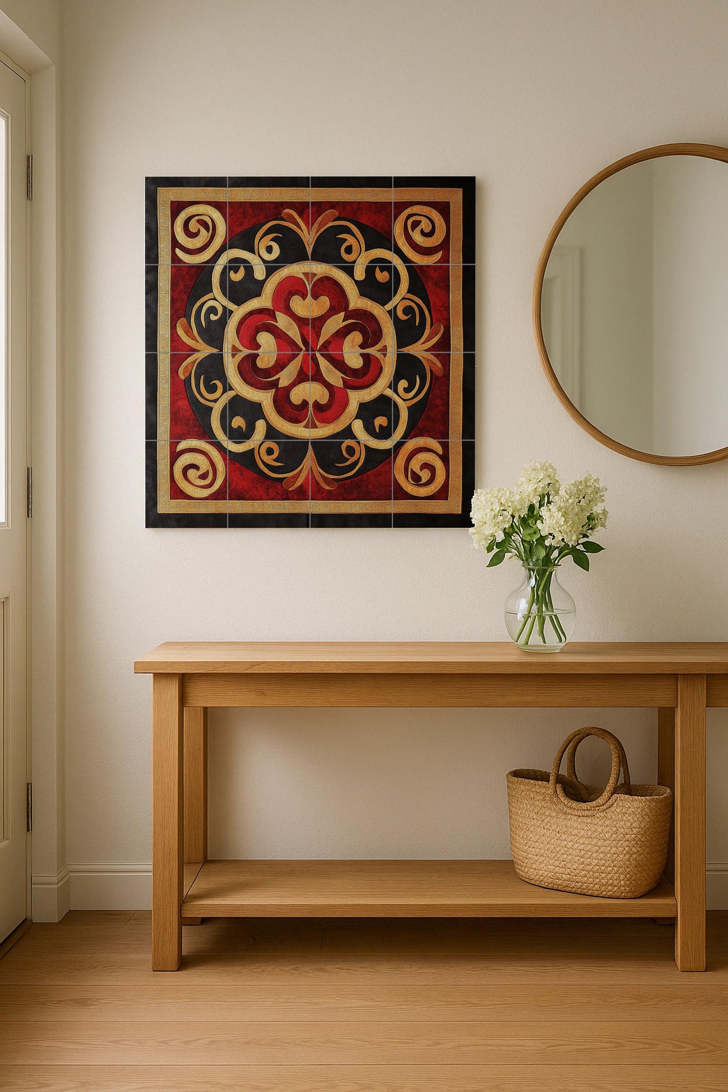 Ornamental ceramic mural: red and gold spiral floral art, decorative table piece, elegant patterned panel, eye-catching design.
